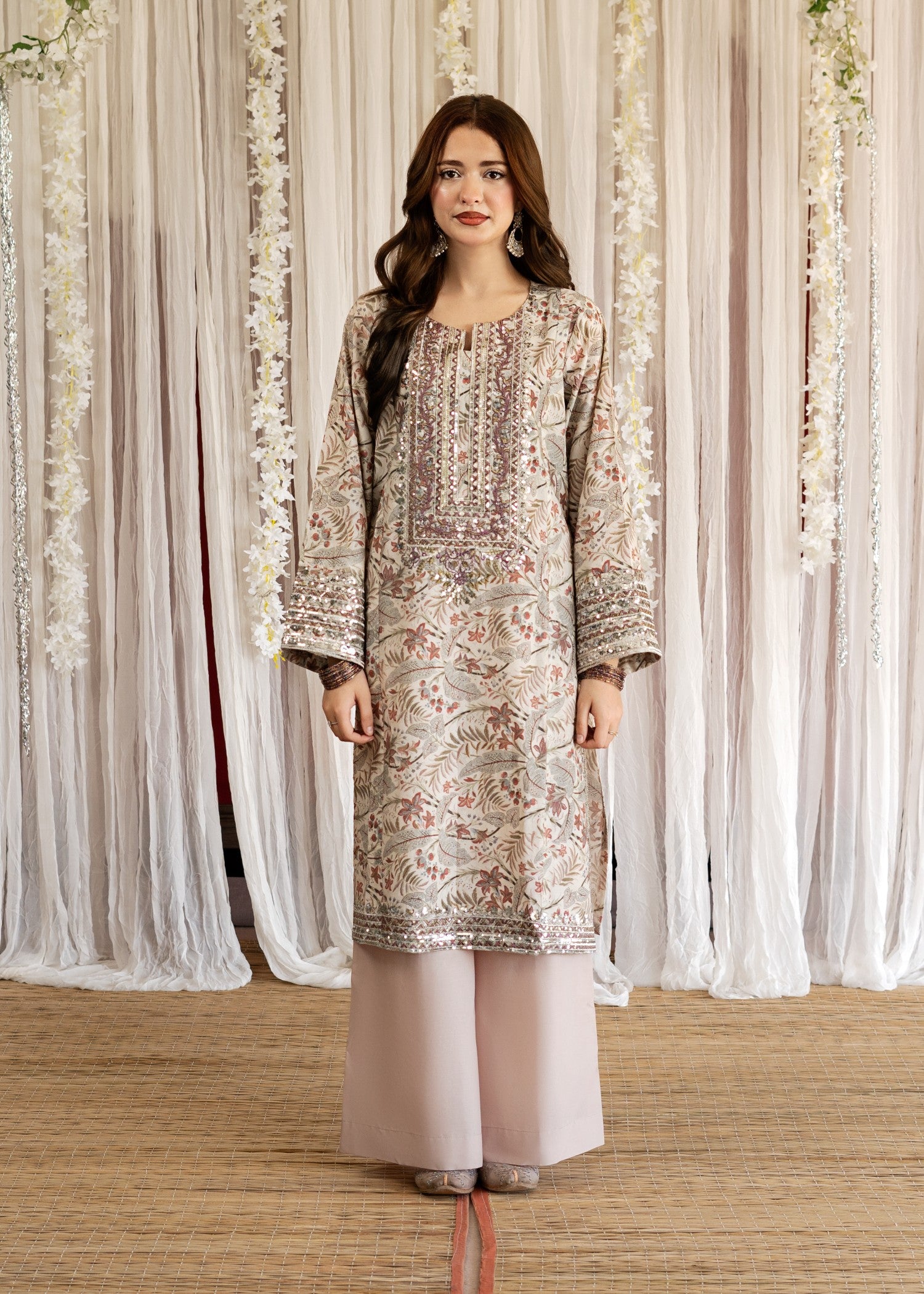 lawn Kurta Set in Peach pink, antique white