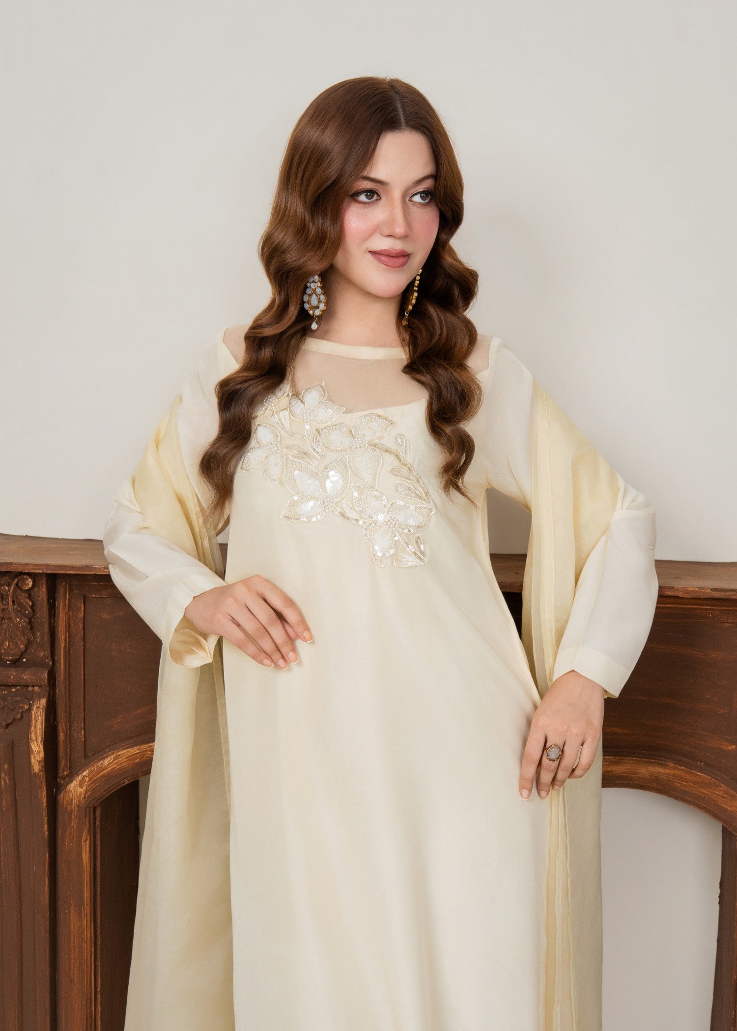 tussar silk Kaftan in Vanilla