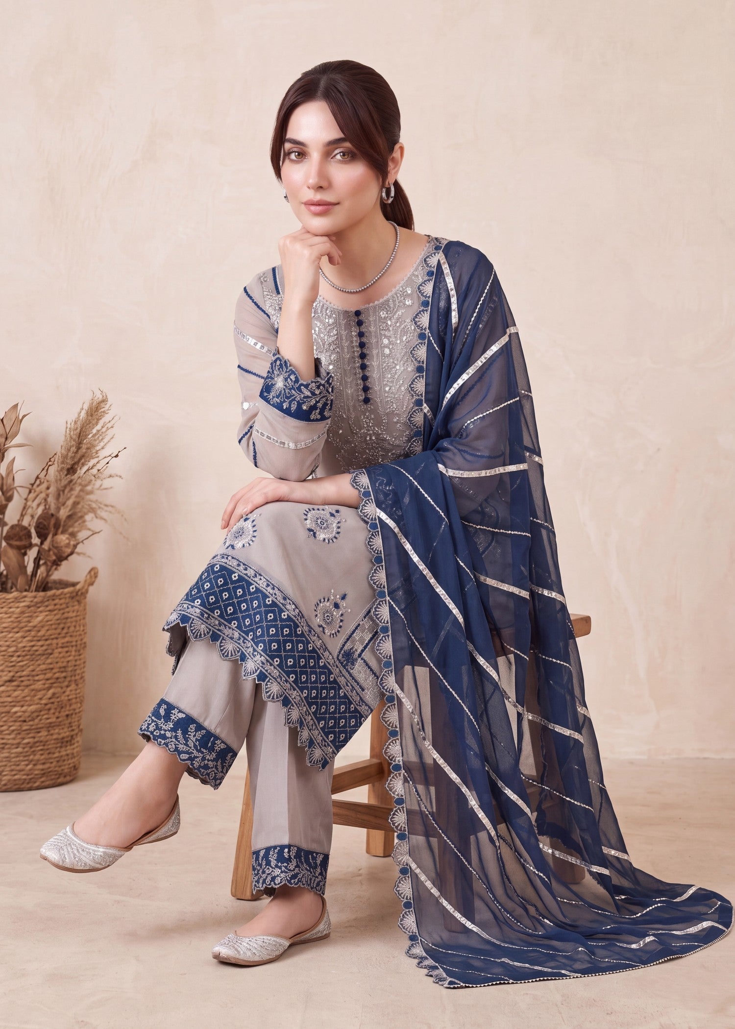 pk crinkle chiffon Kurta Set in Aegean blue, pastel grey