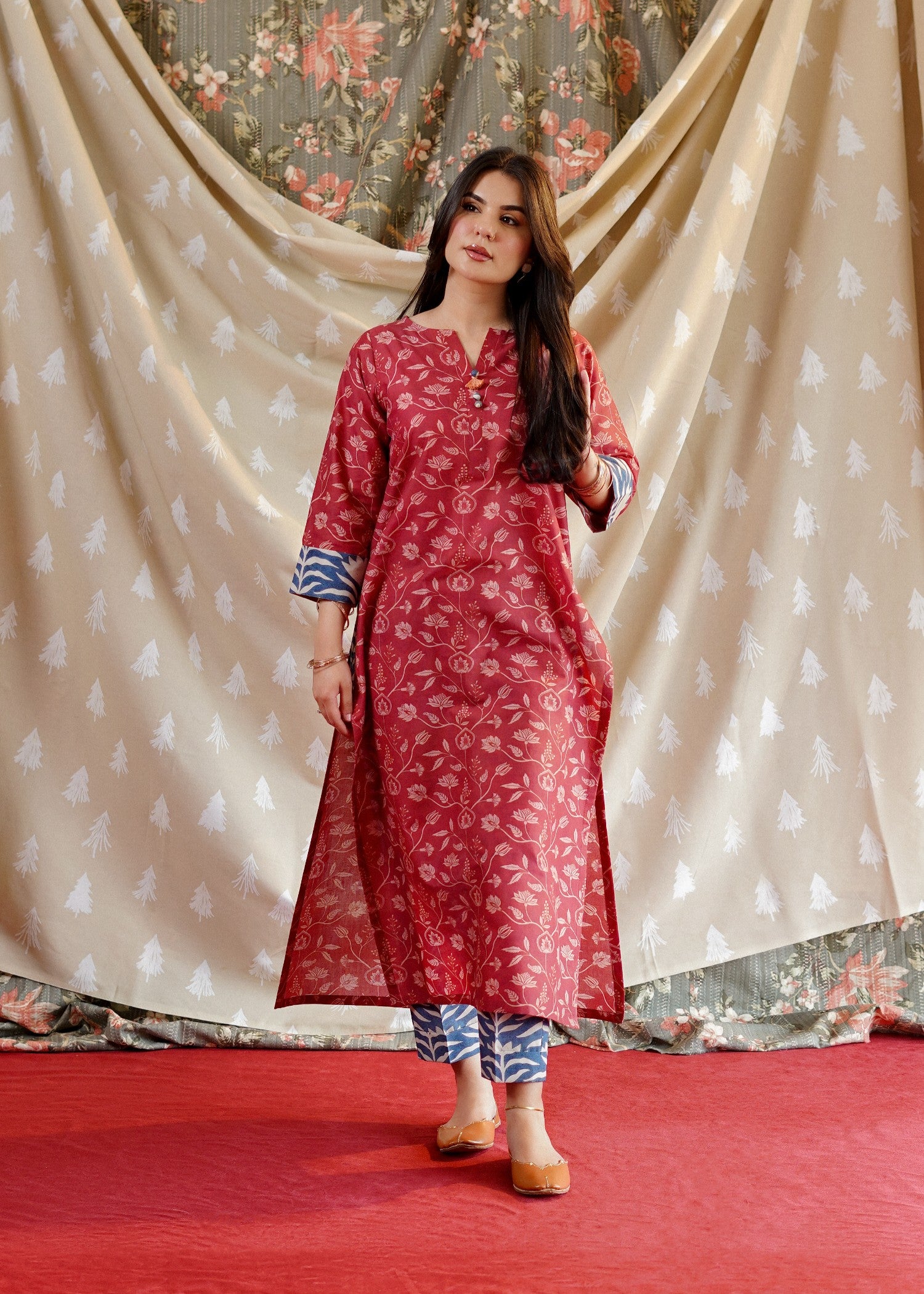 lawn Kurta Set in Brick red