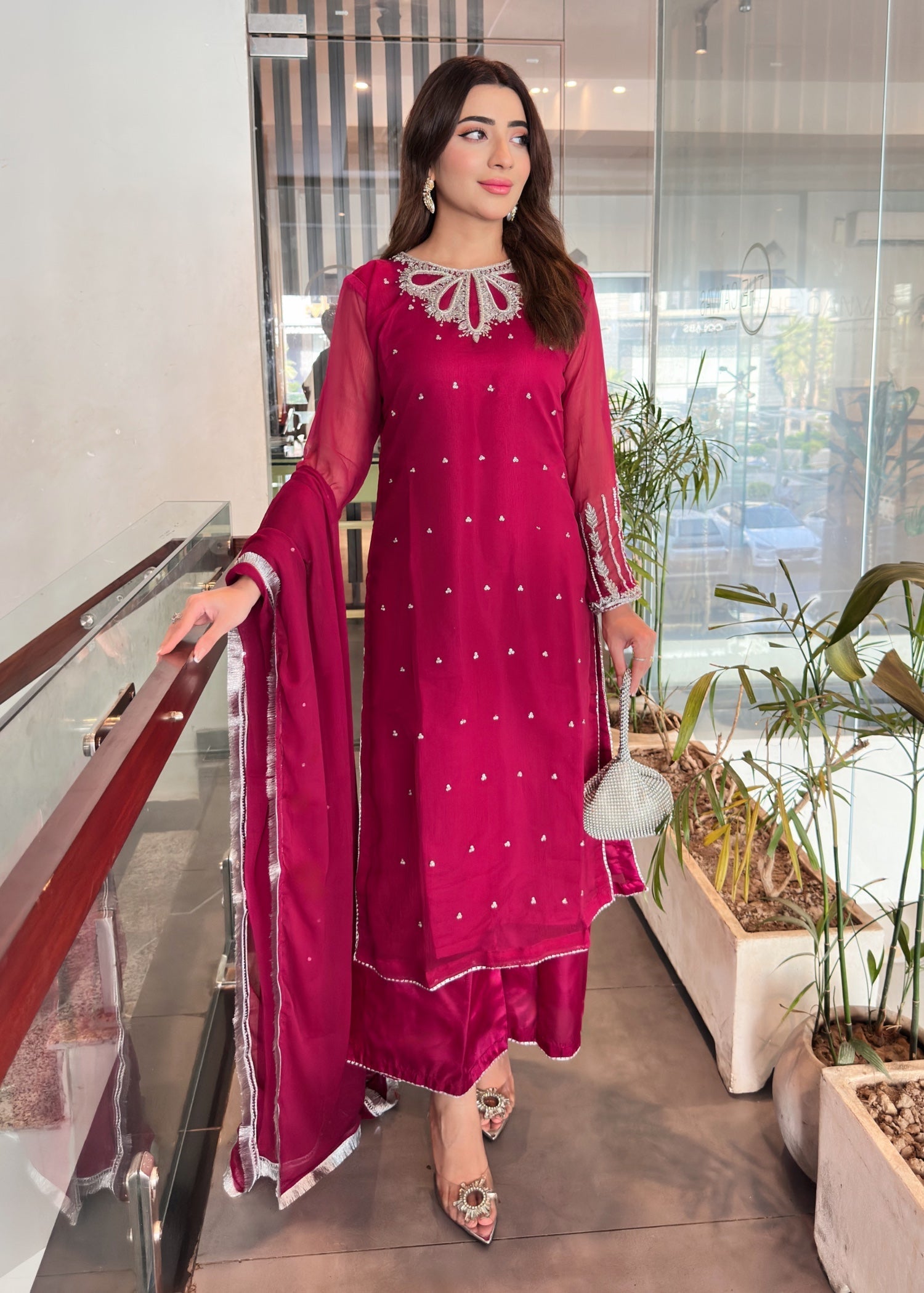 chiffon Kurta Set in Magenta haze