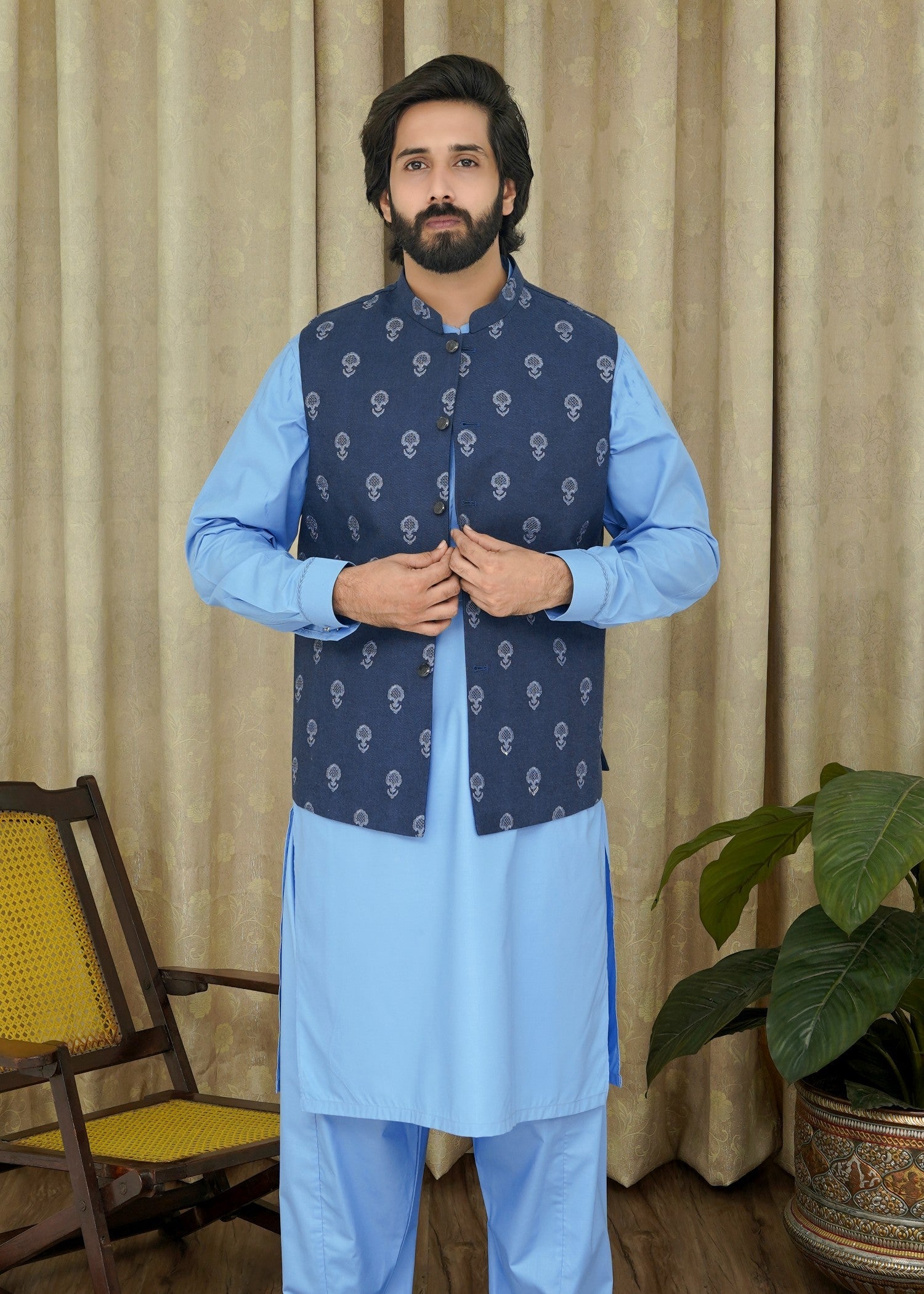 tropical Waistcoat in Navy blue by Maqsood Garments