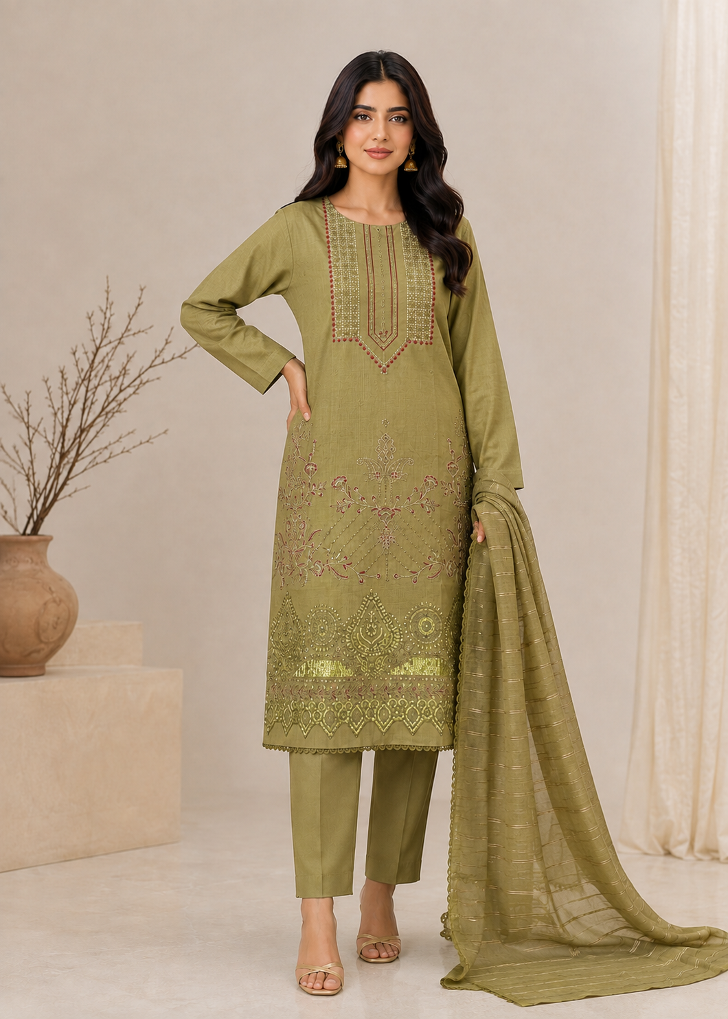 lawn cotton Kurta Set in Olive green