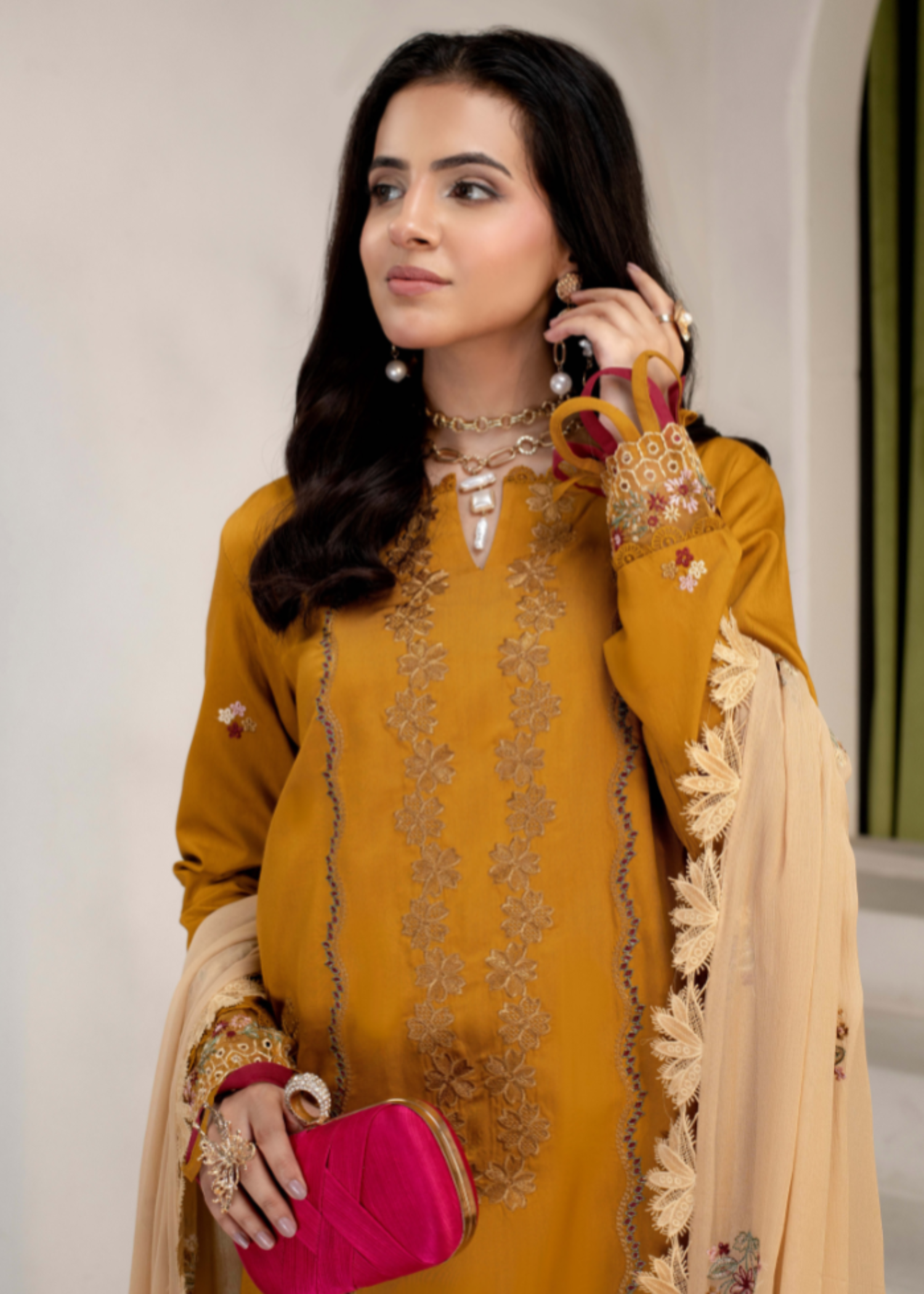 viscose Unstitched in Mari gold, wheat