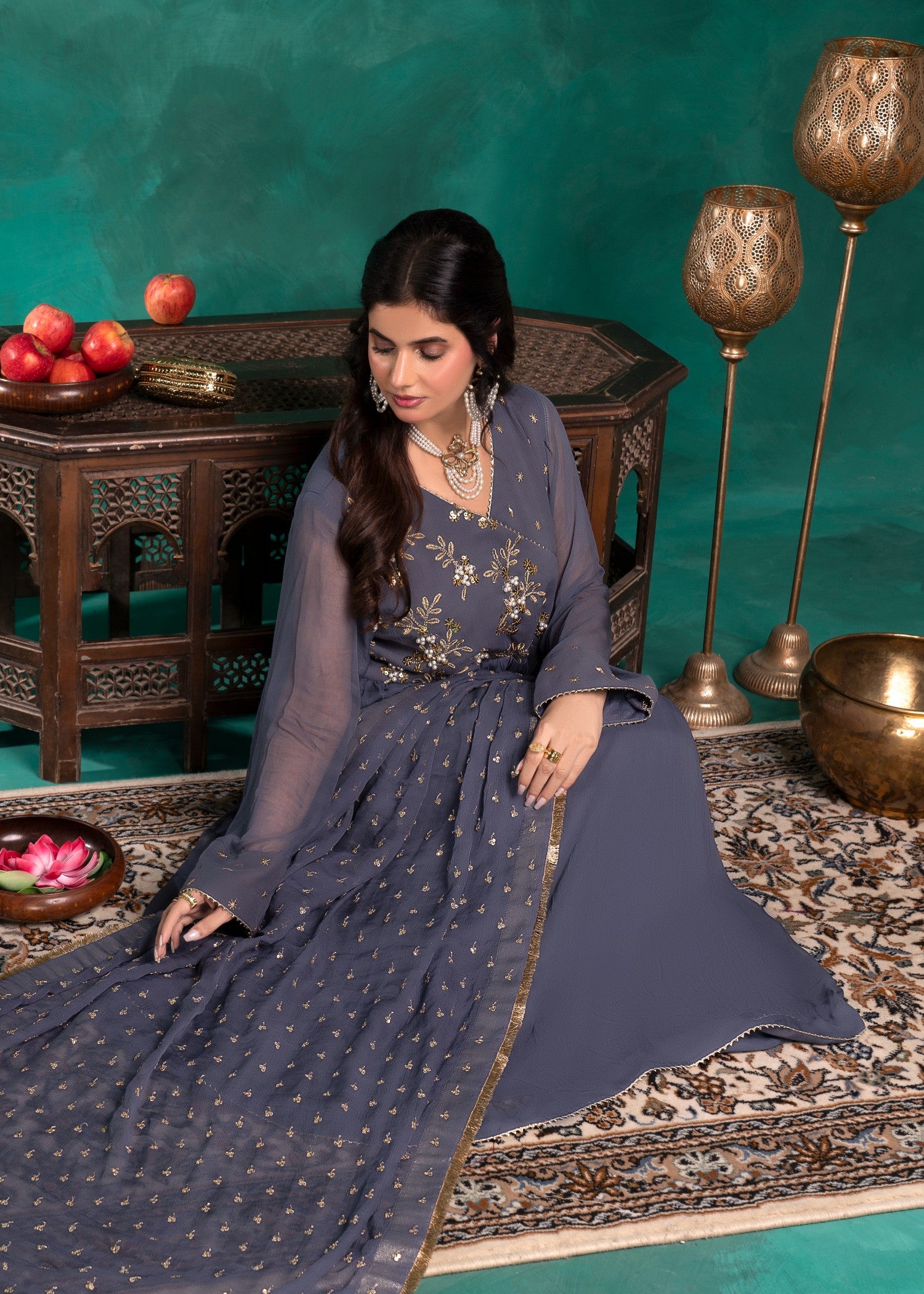chiffon Angrakha in Slate grey