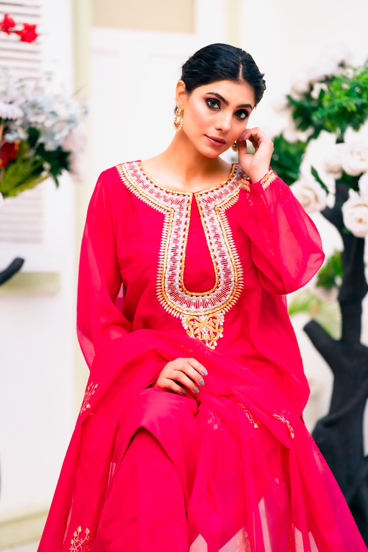 organza Kurta Set in Shocking pink