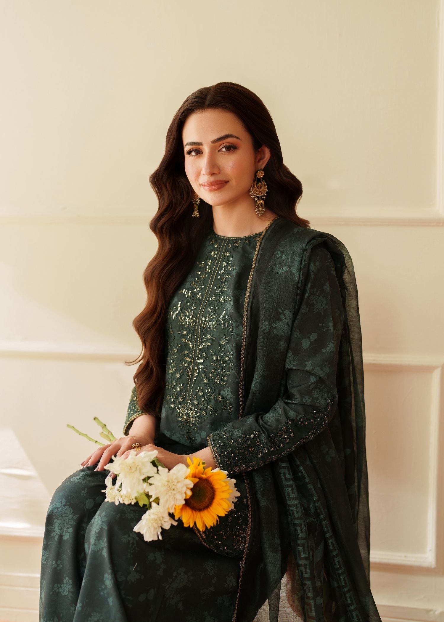 twill khaddar Kurta Set in Green