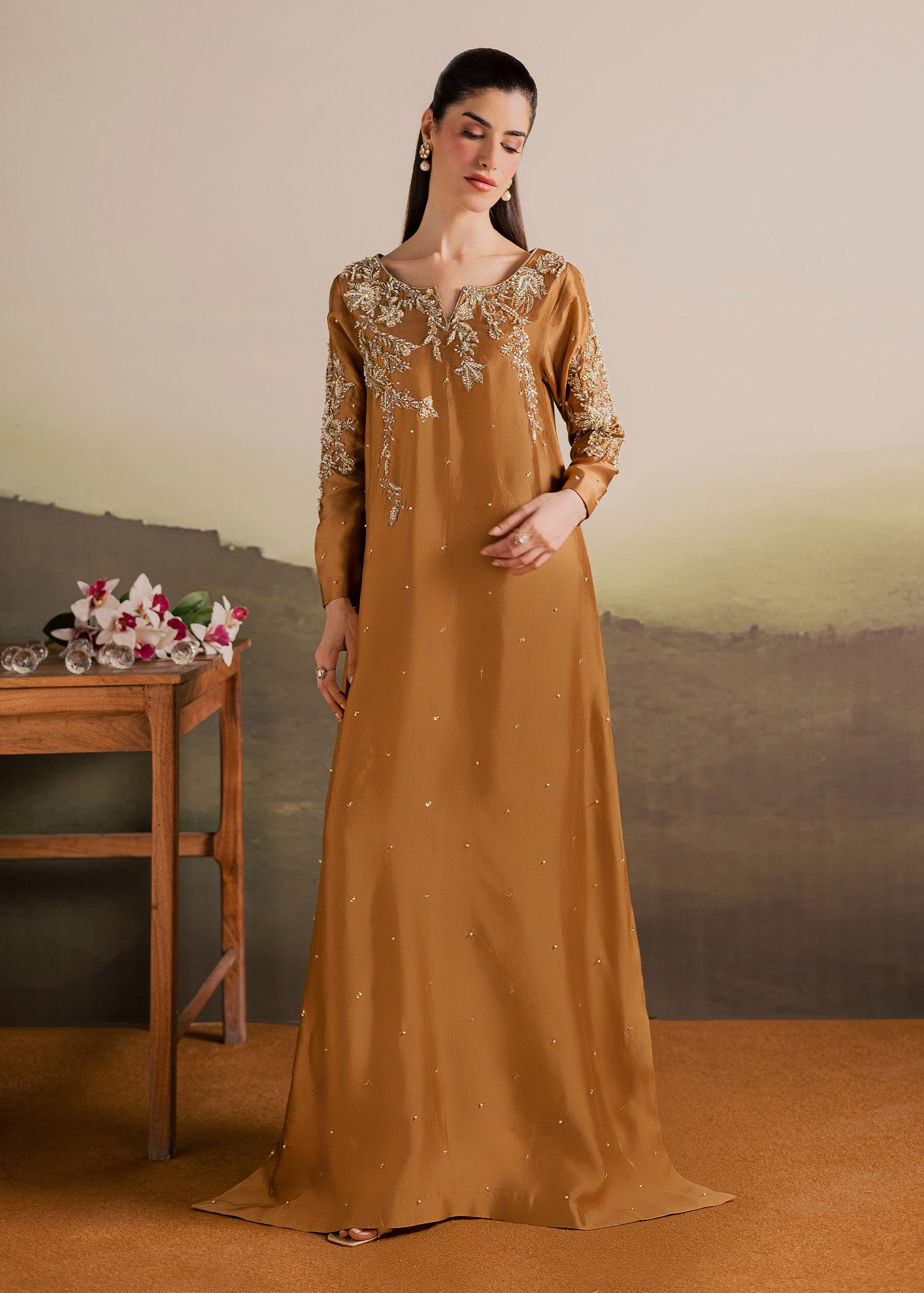 tussar silk Kaftan in Caramel brown