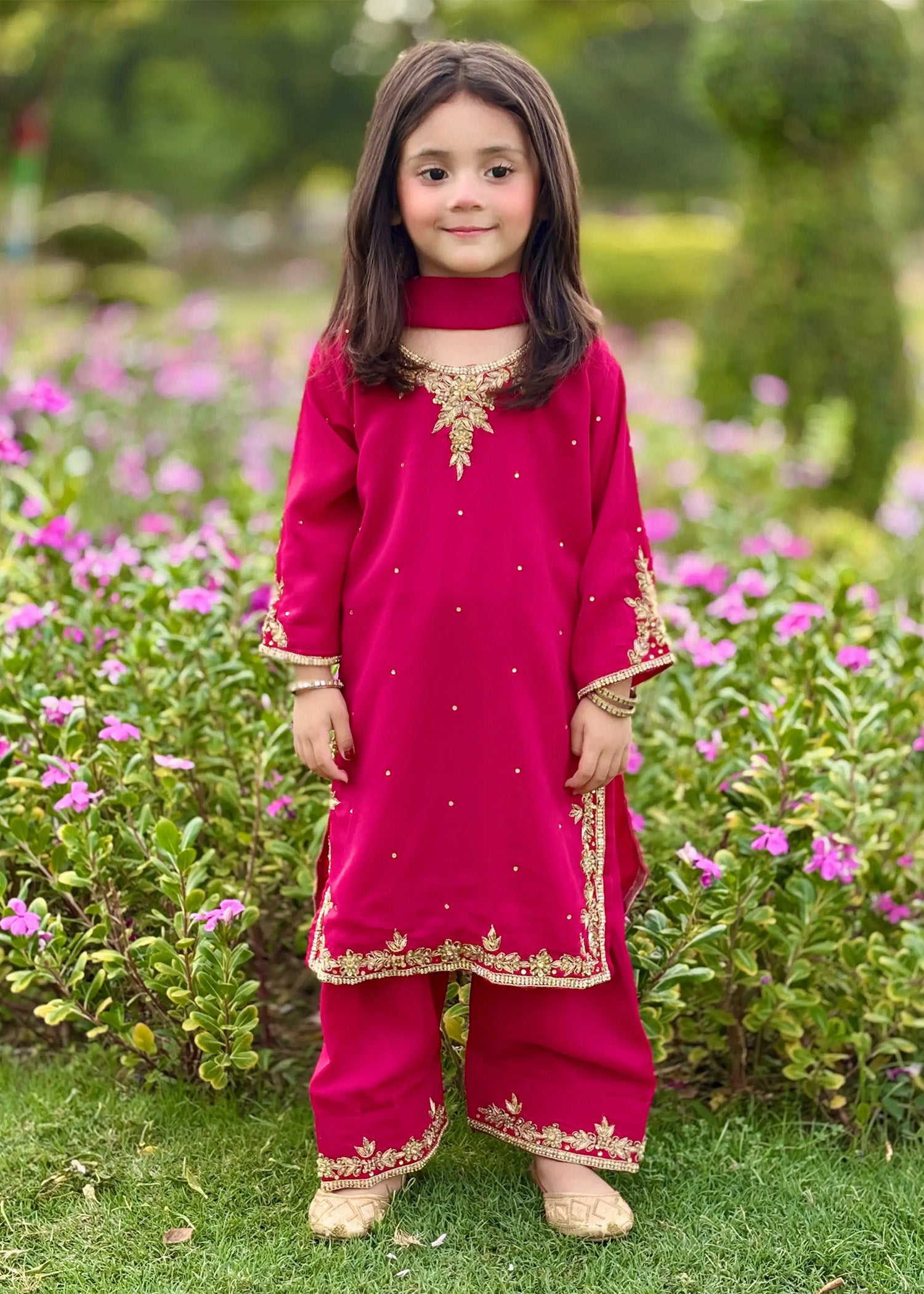 chiffon Kurta Set in Hot pink red