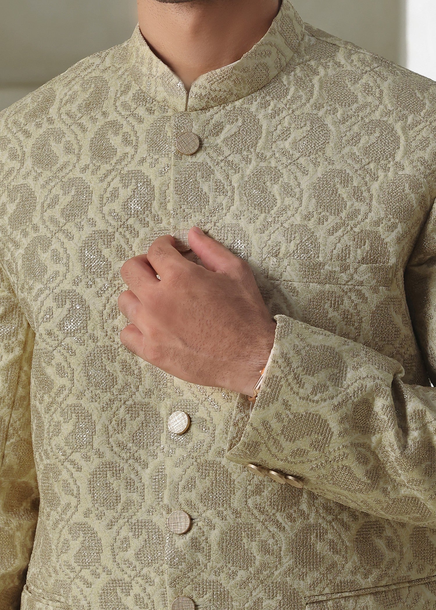 jamawar Prince Coat in Tea green