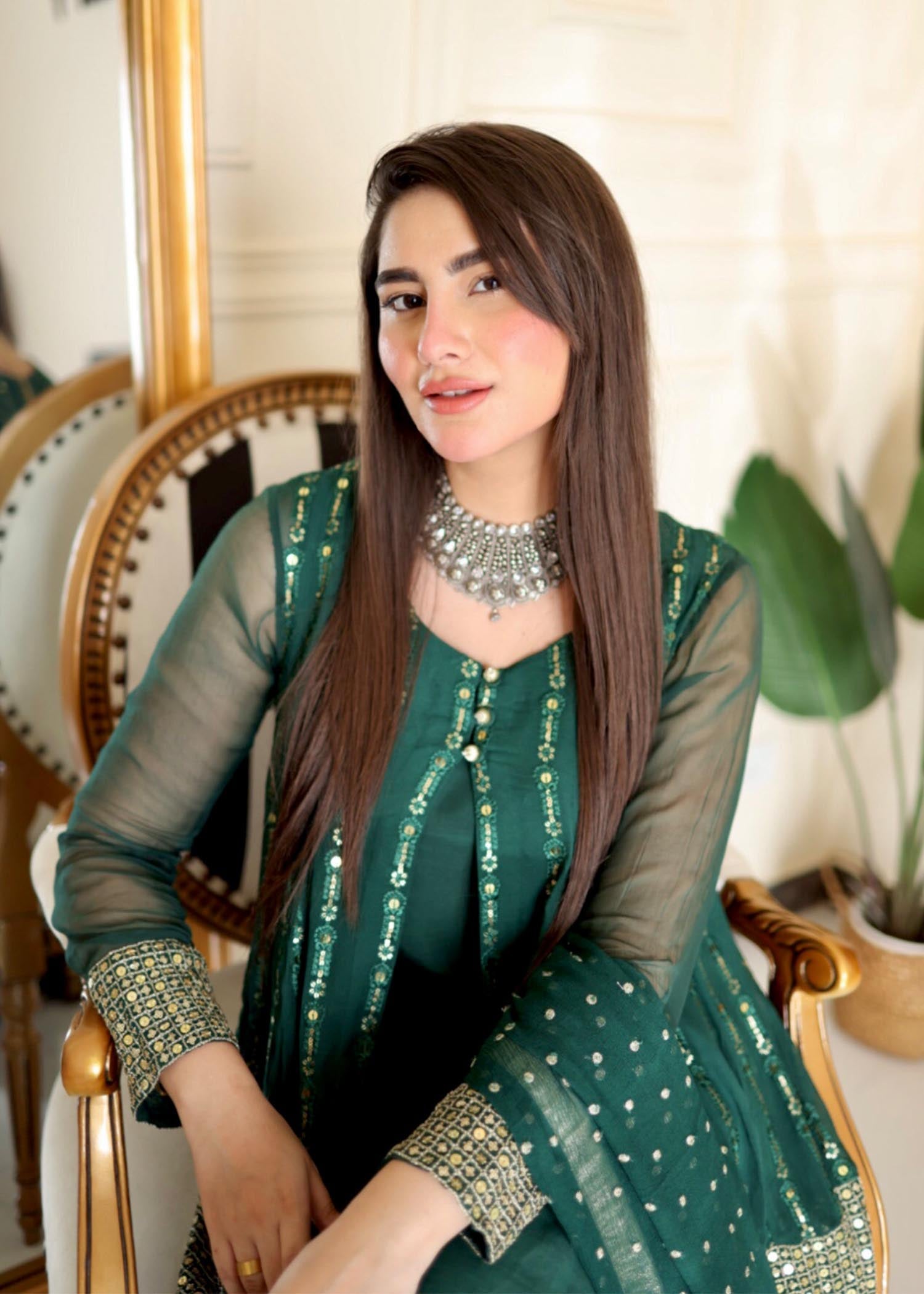 chikankari cotton Gown in Bottle green