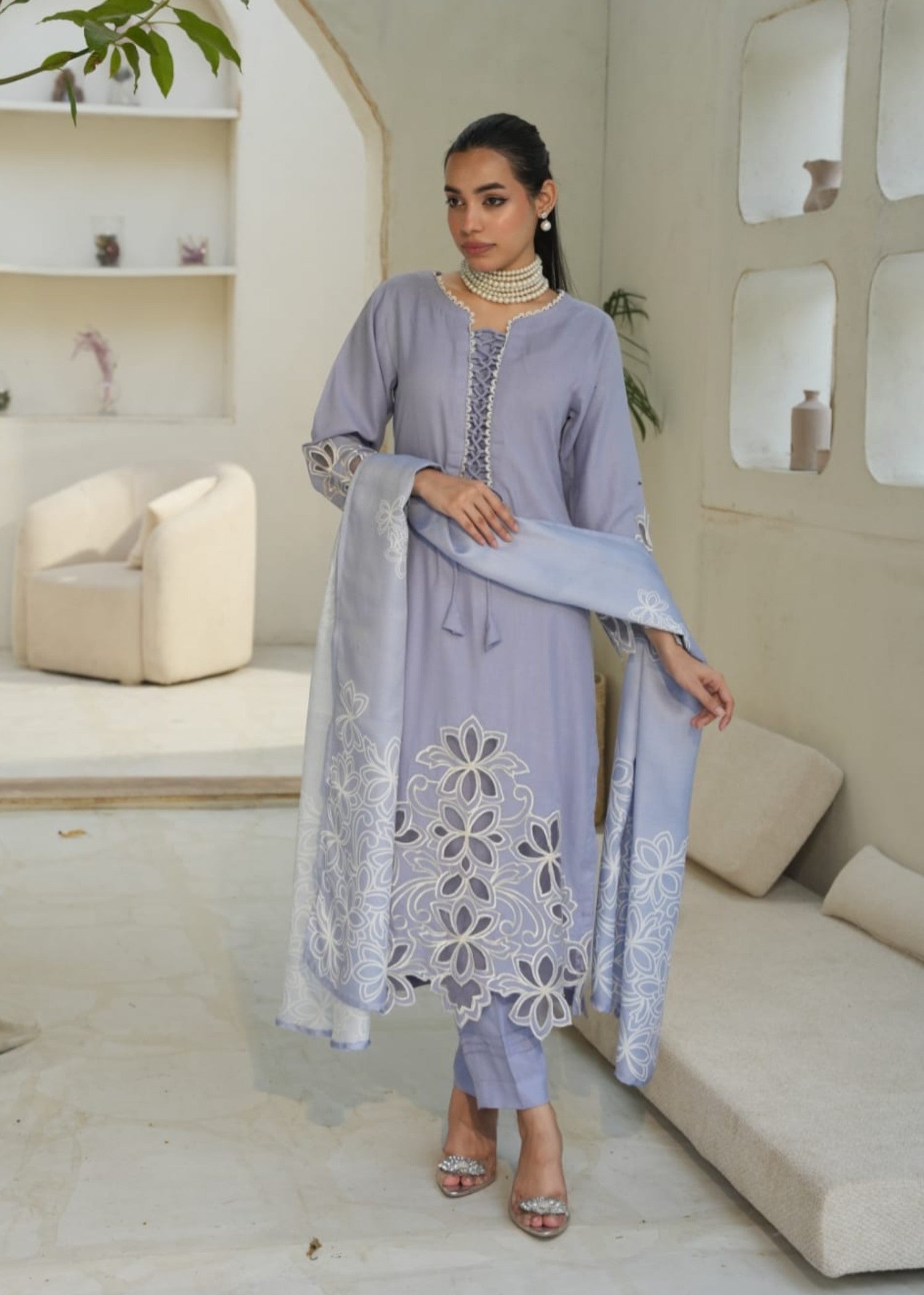 dhanak Kurta Set in Lavender