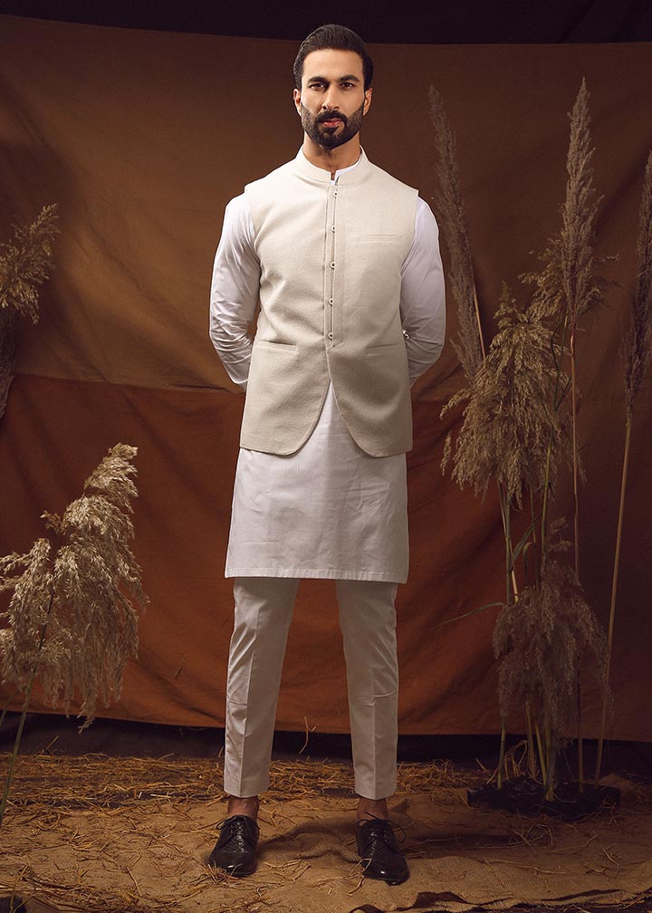 twill khaddar Waistcoat in Silver