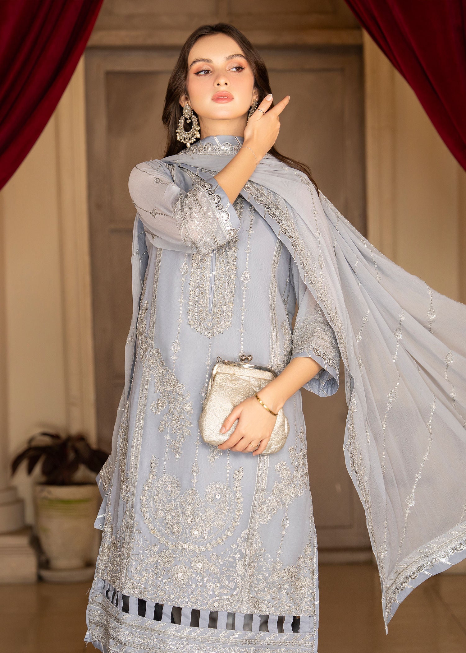 polyester crepe Kurta Set in Grey