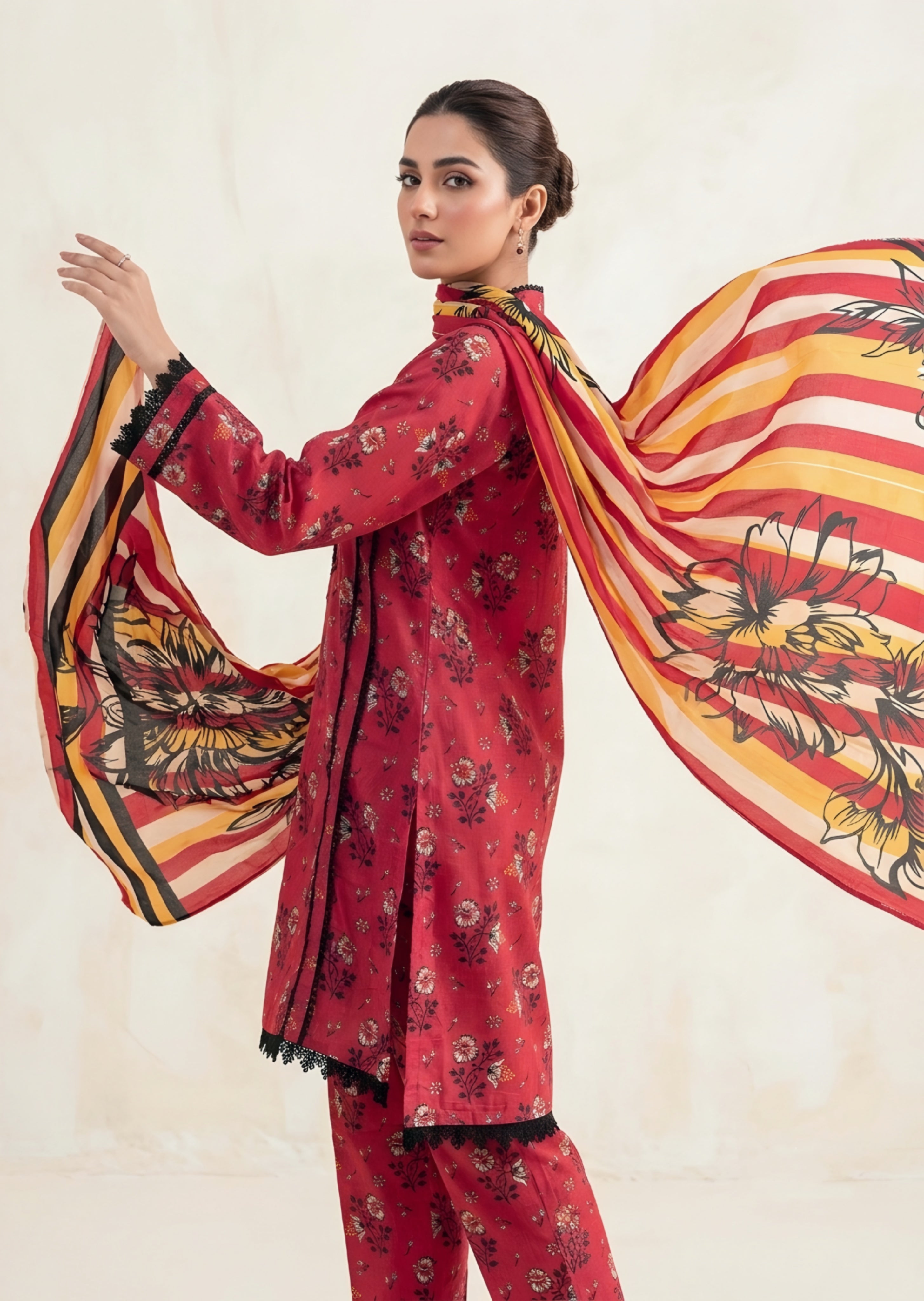 khaddar Kurta Set in Persian red