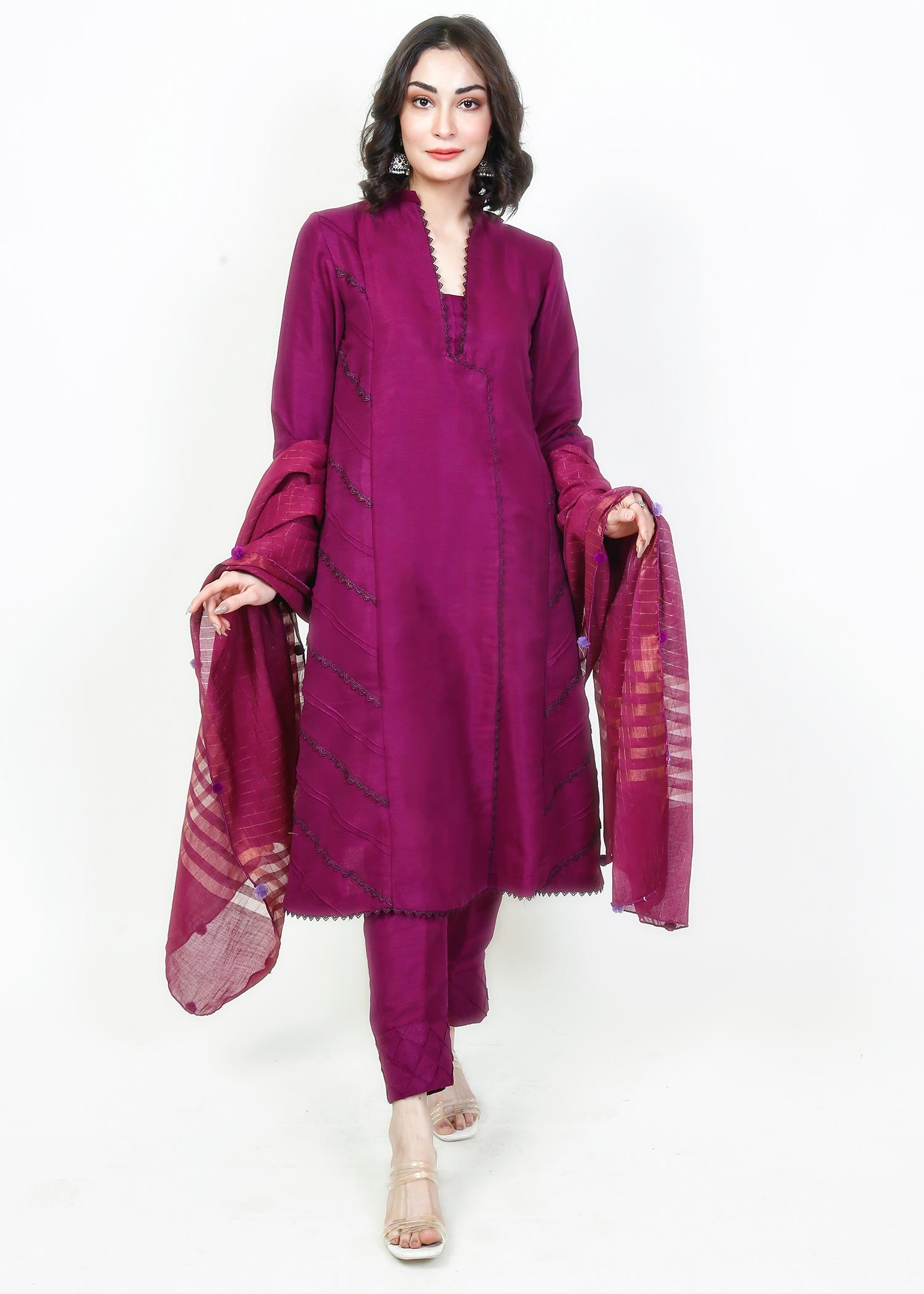 raw silk Short Frock in Magenta