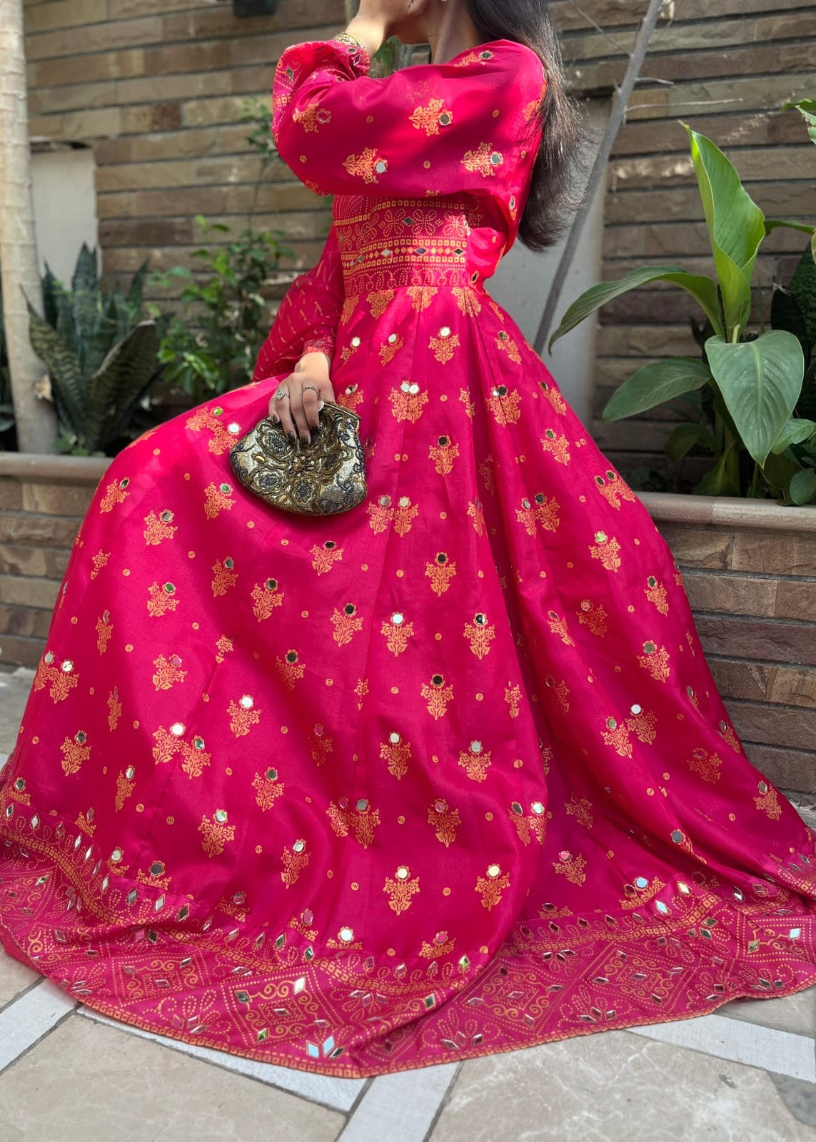 cotton silk Anarkali in Shocking pink
