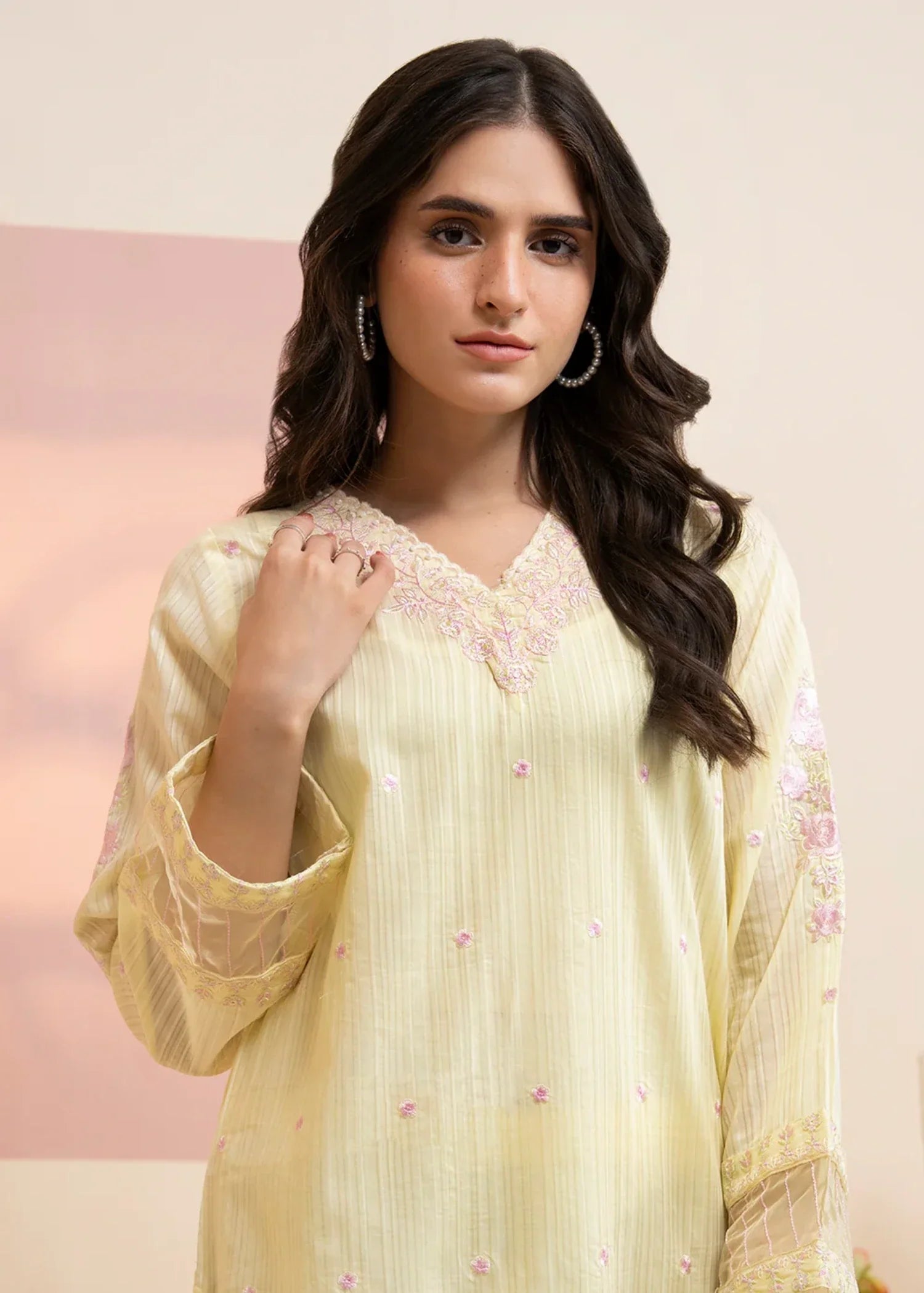 polyester Kurta Set in Light yellow