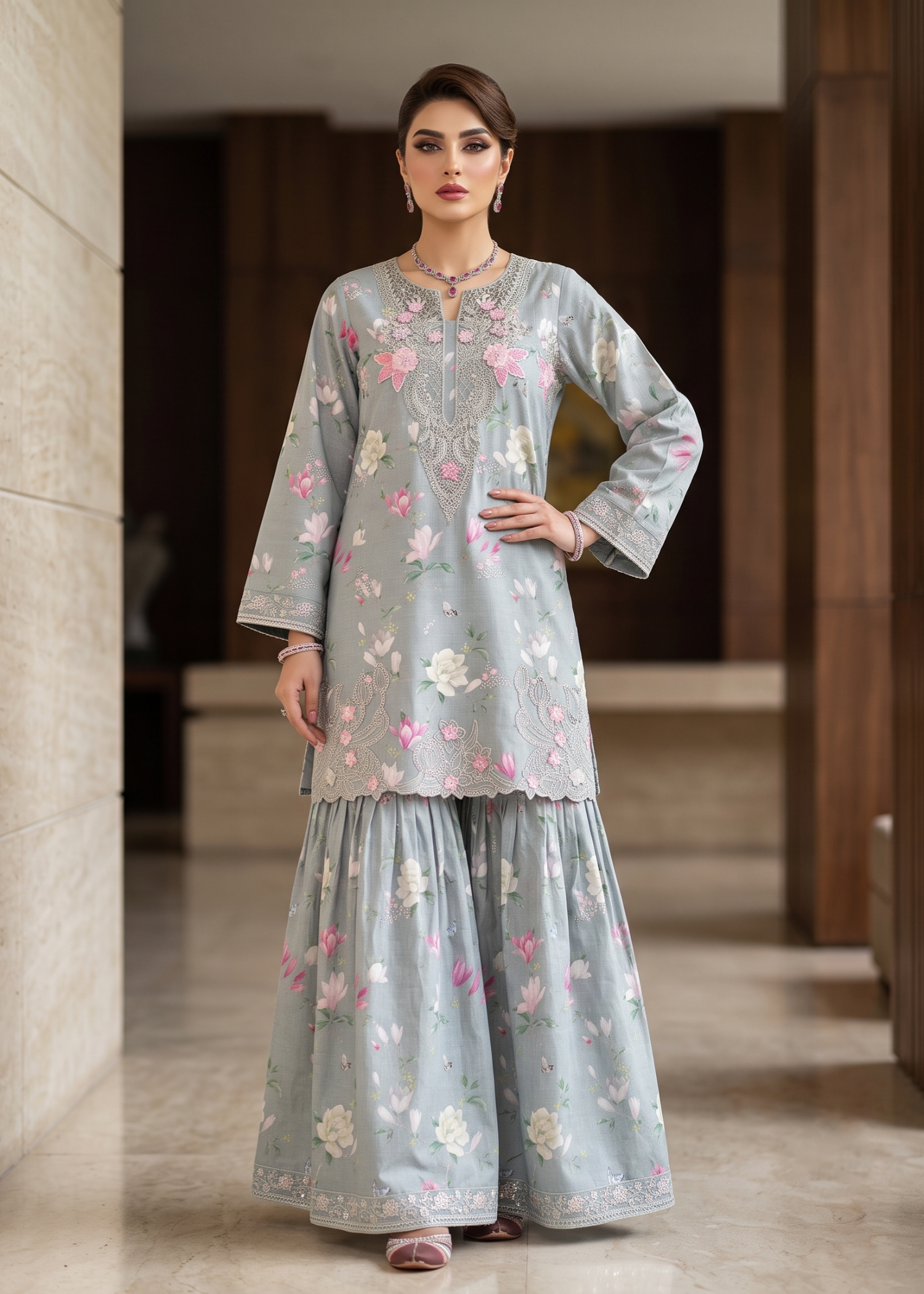 lawn Gharara in Ash grey