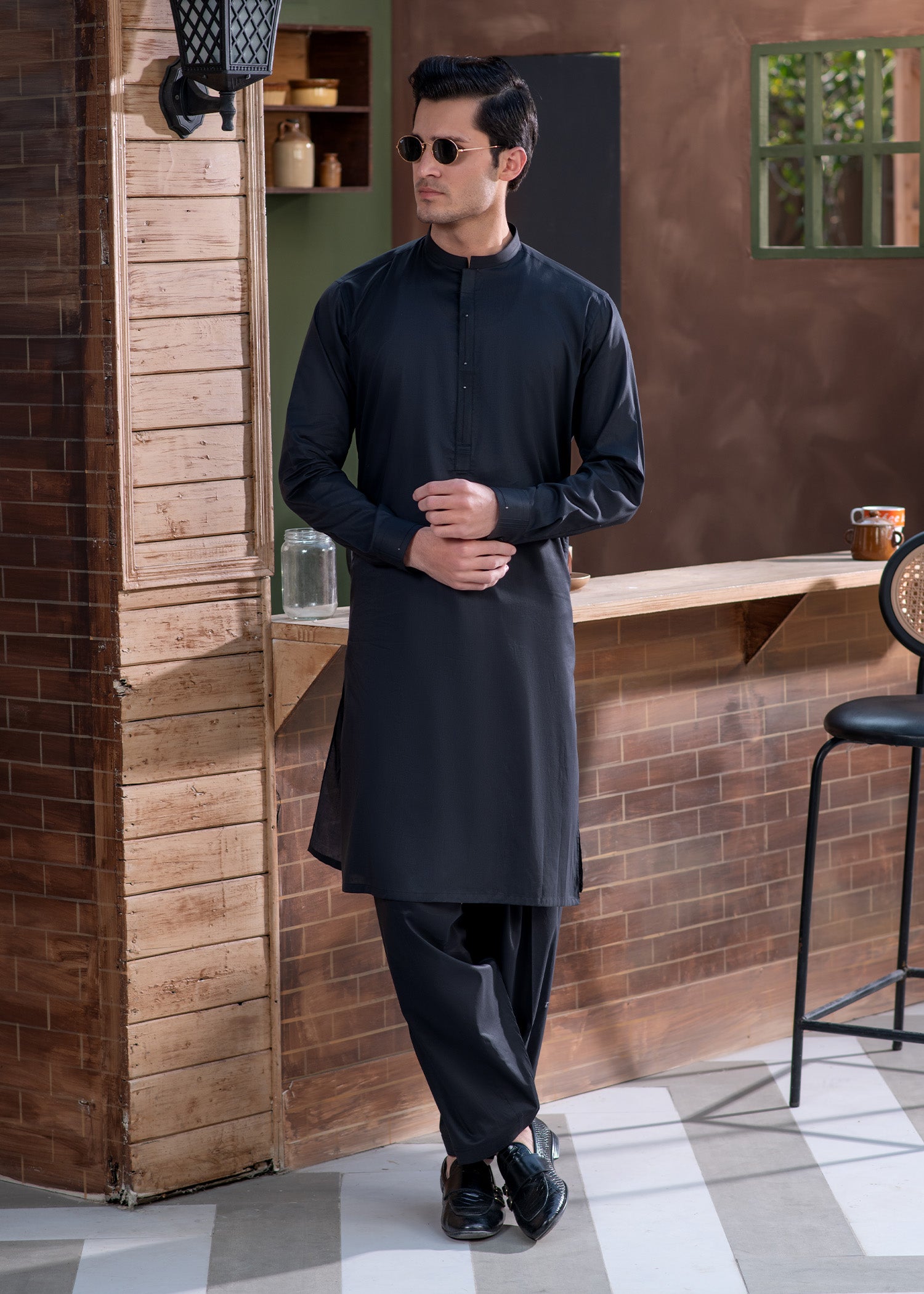 cotton Shalwar Kameez in Black by Buraq