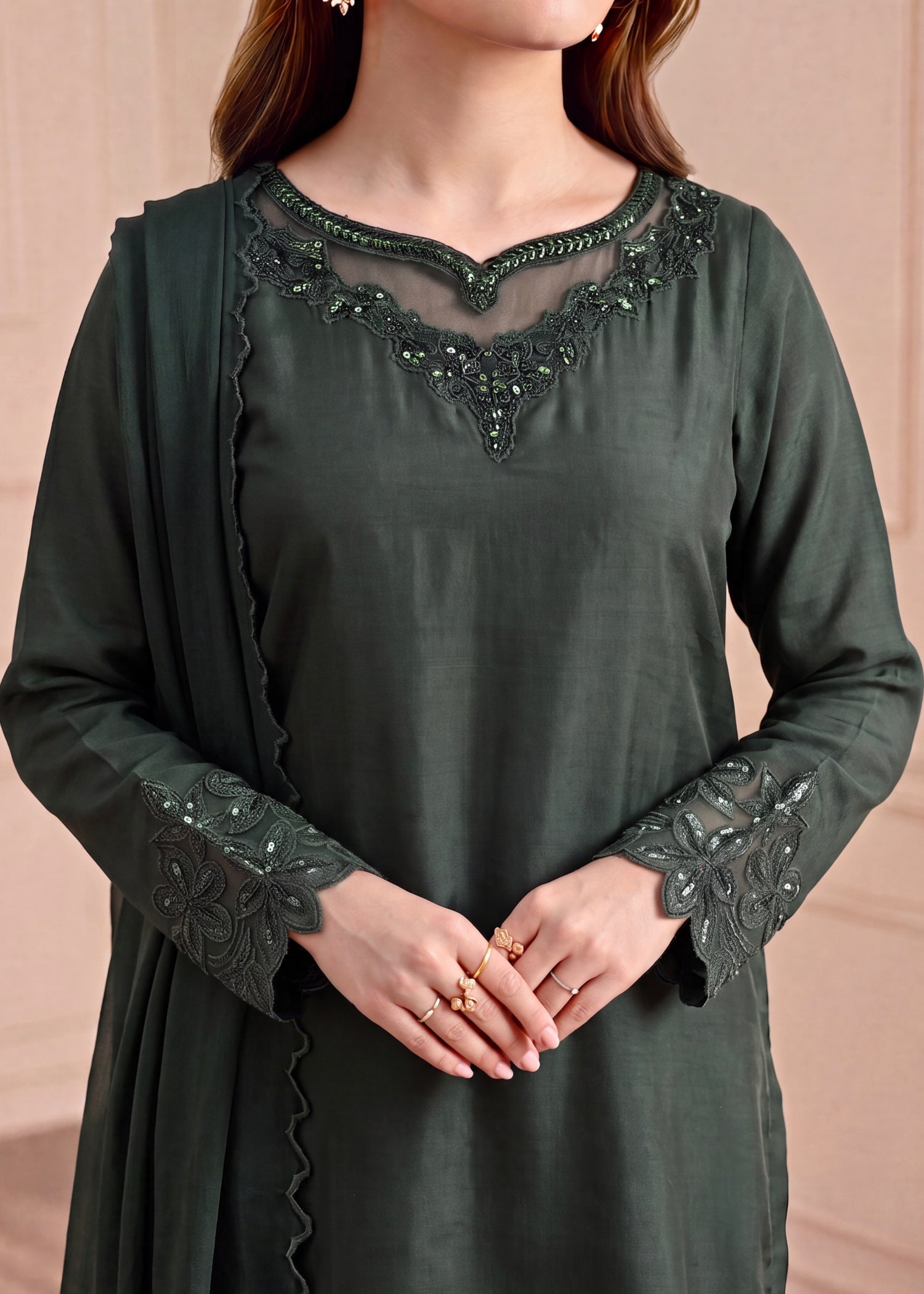 silk Gharara in Dark green