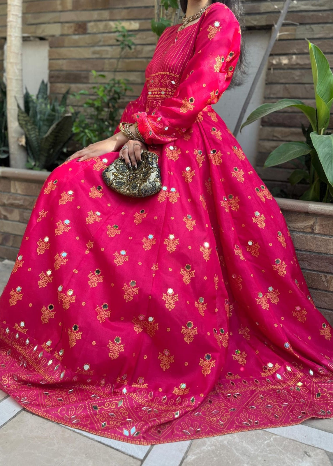 cotton silk Anarkali in Shocking pink