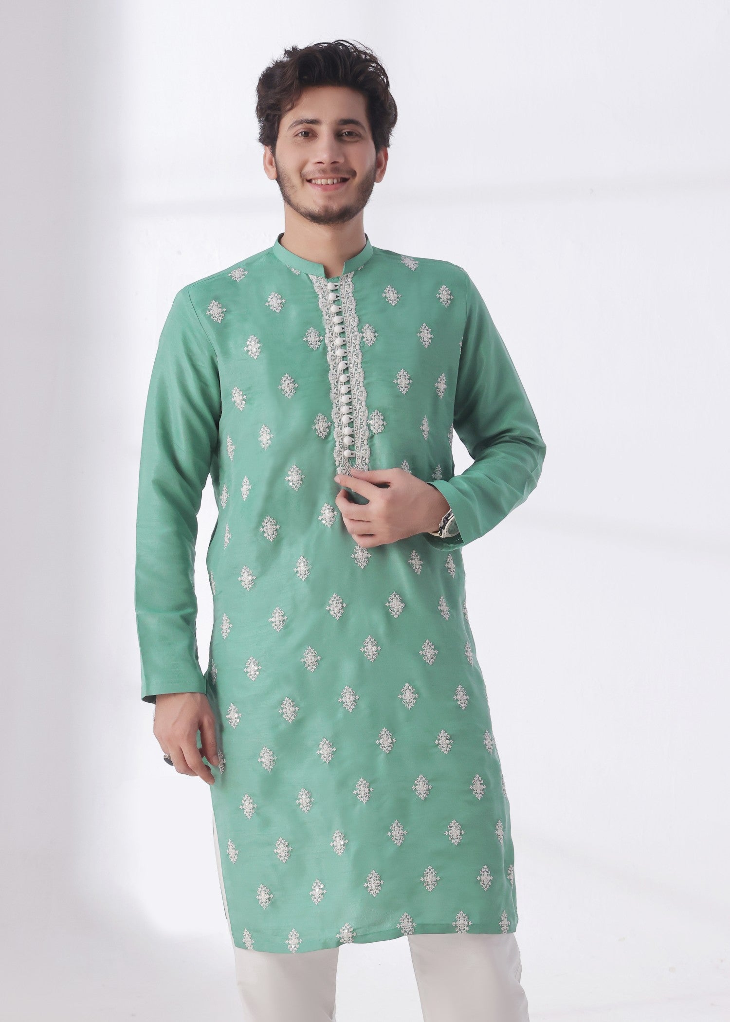 raw silk Kurta in Mint green