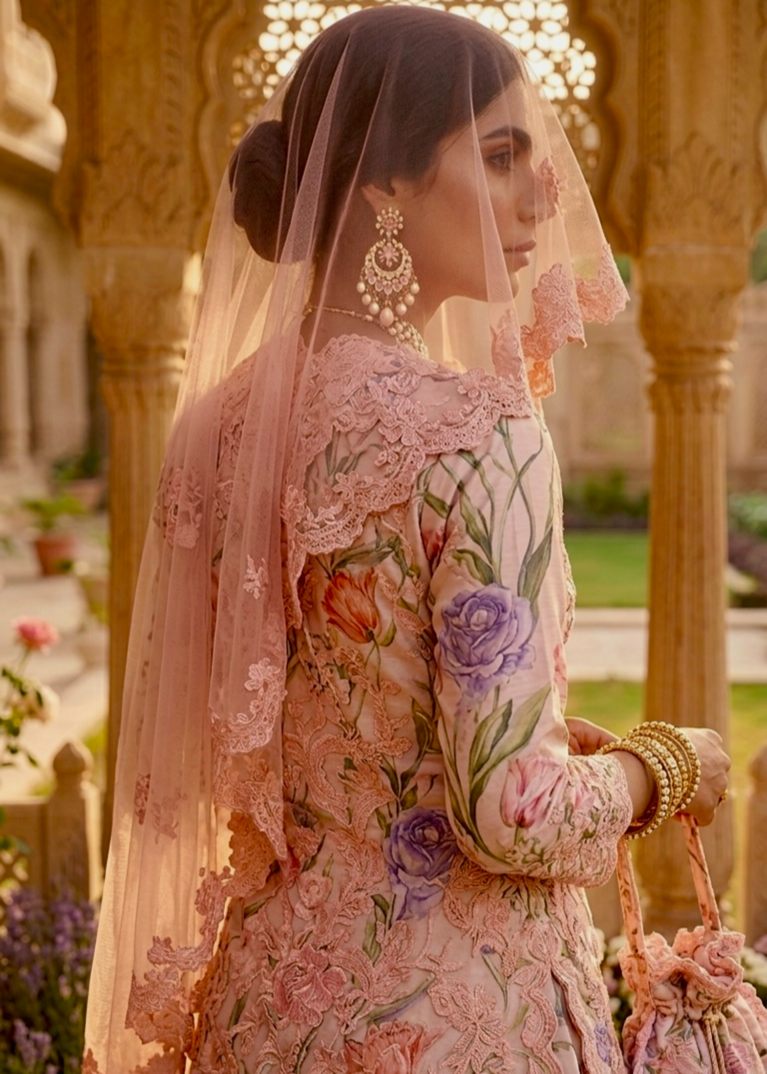 net Lehenga in Peach pink