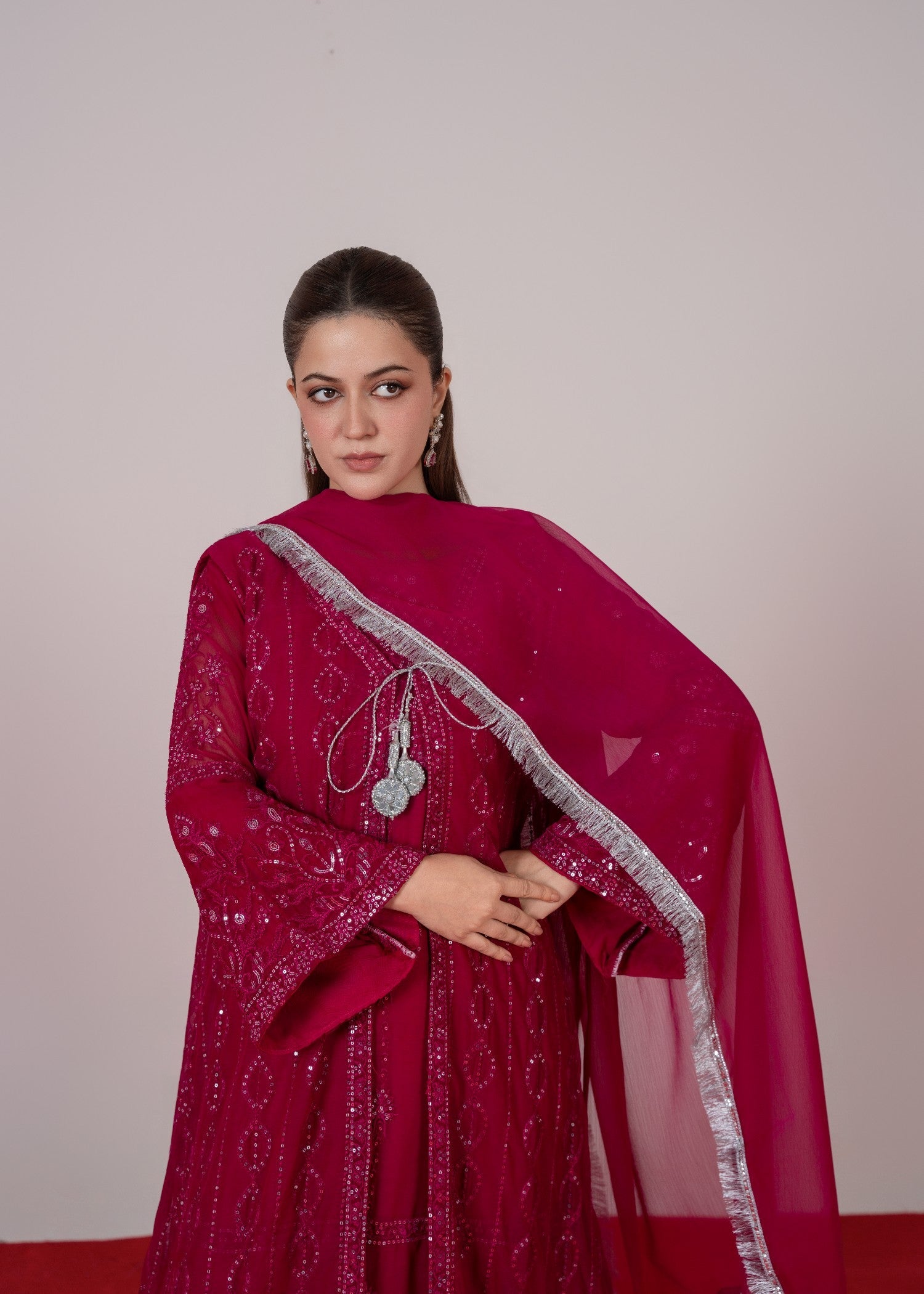 chiffon Gown in Hot pink red