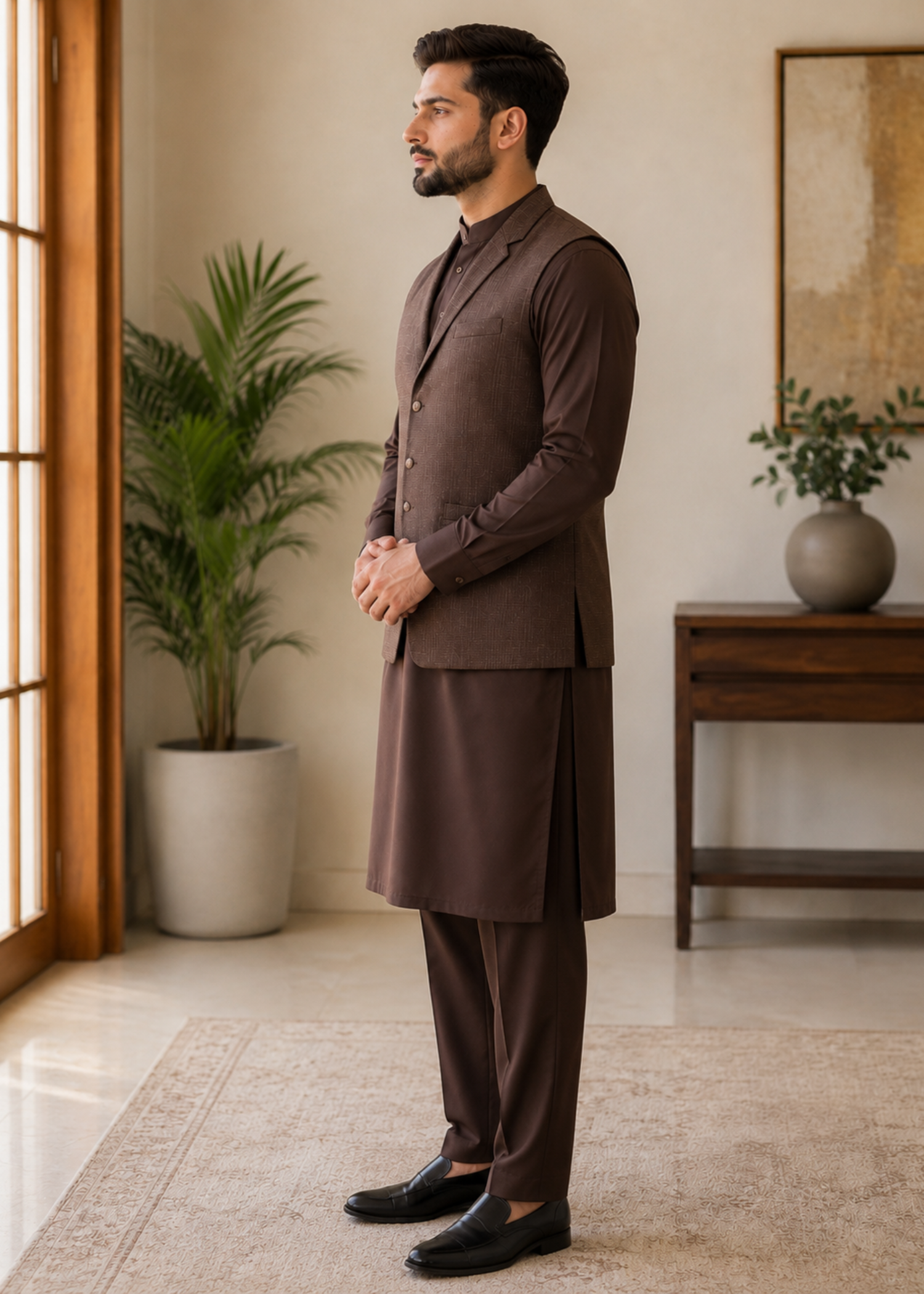 textured wash & wear Waistcoat in Walnut brown
