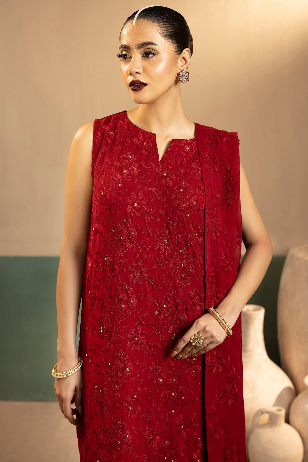 crinkle chiffon Unstitched in Red
