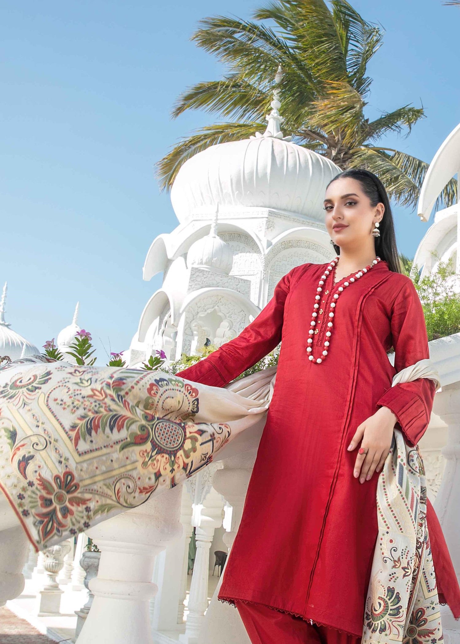 jacquard Kurta Set in Fire red