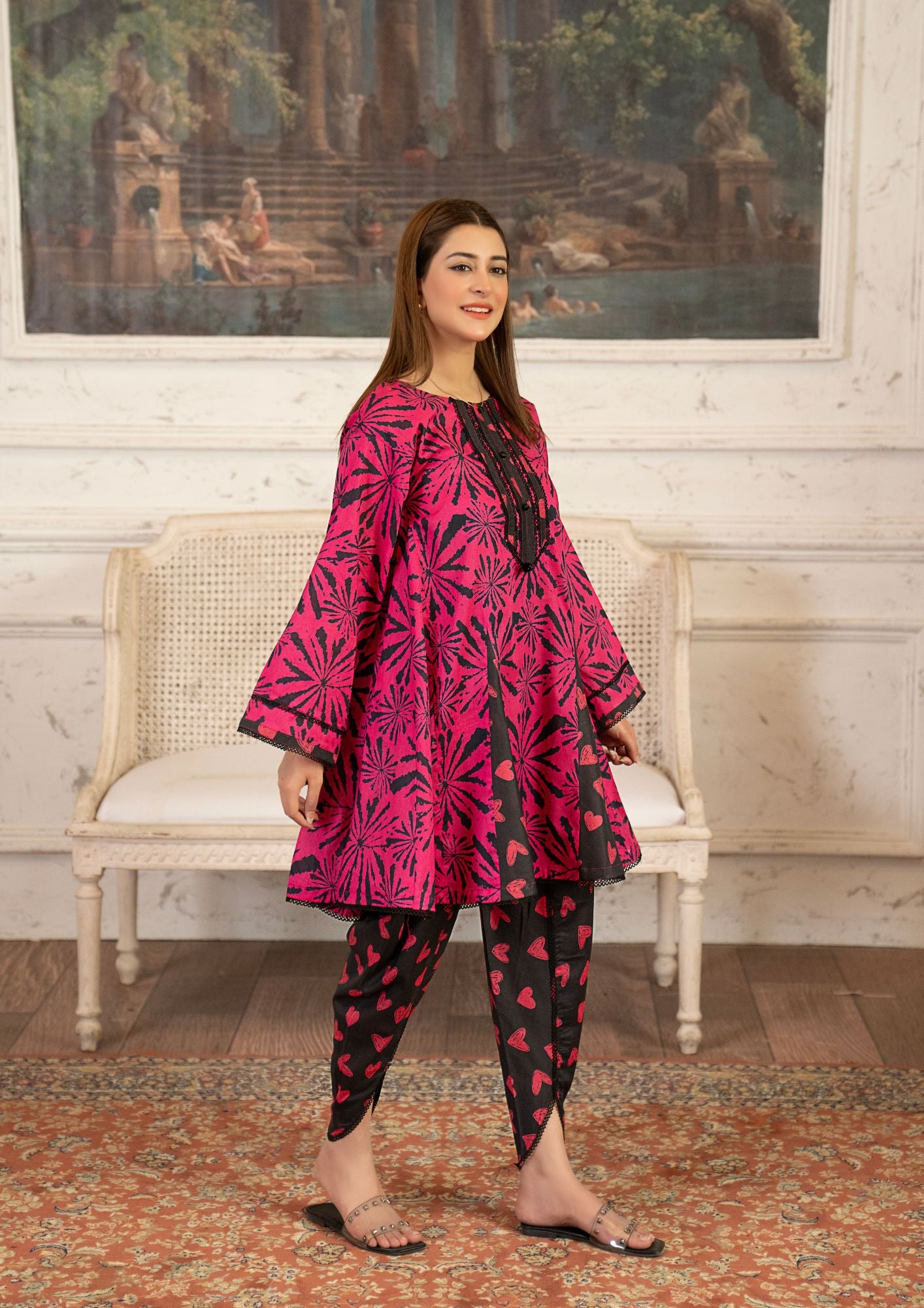 lawn Peplum in Black, hot pink