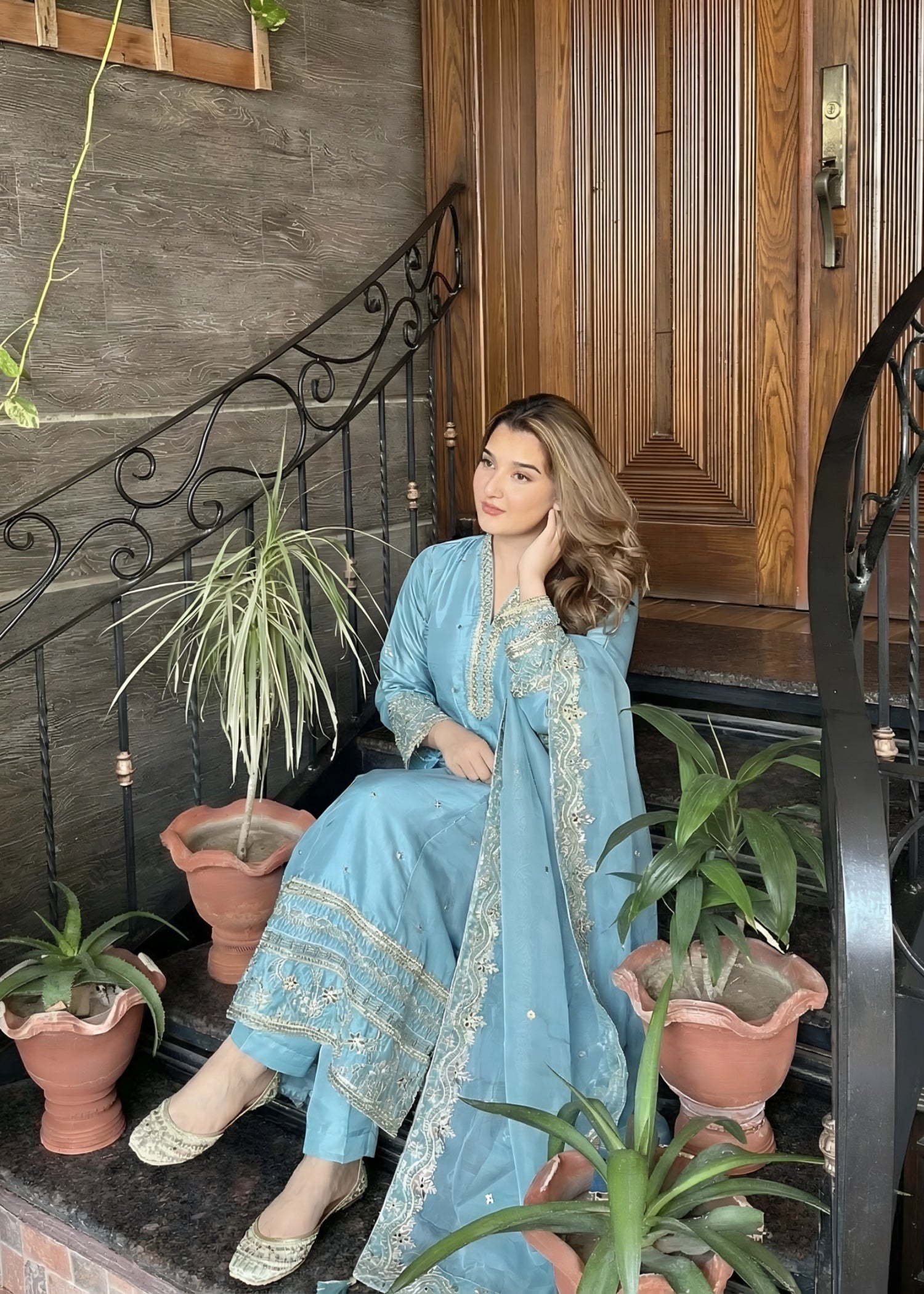 silk Pishwas in Ice blue