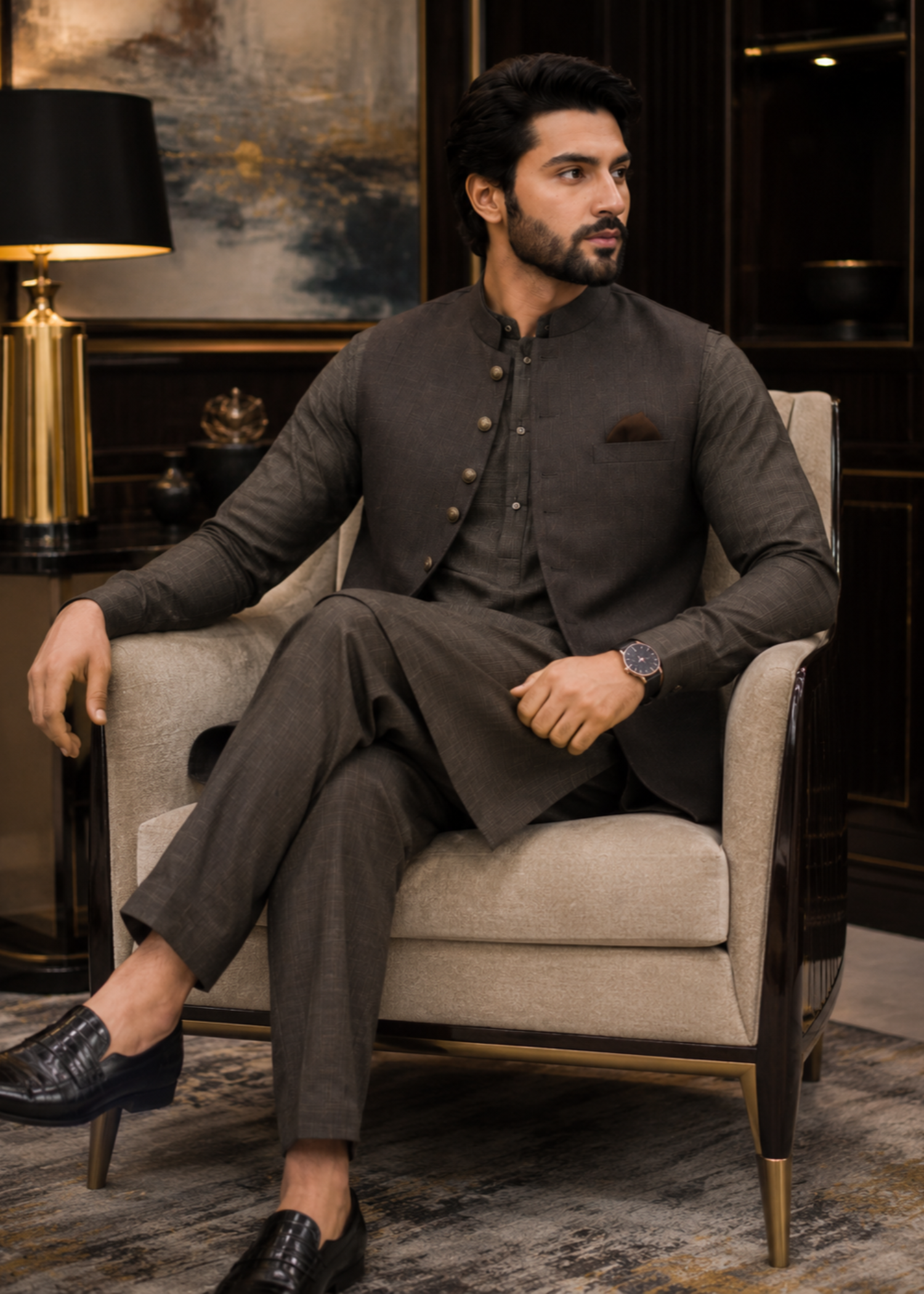 wash & wear Waistcoat in Stone grey by Noor E Zehra.Store