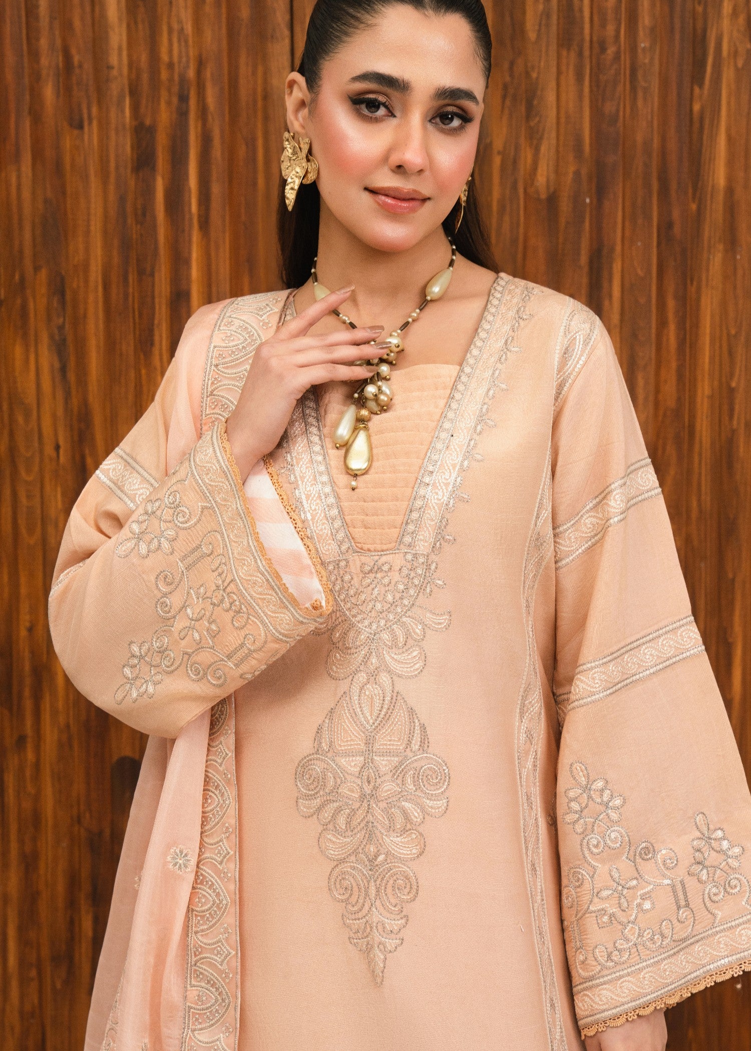 raw silk Kurta Set in Apricot orange, silver