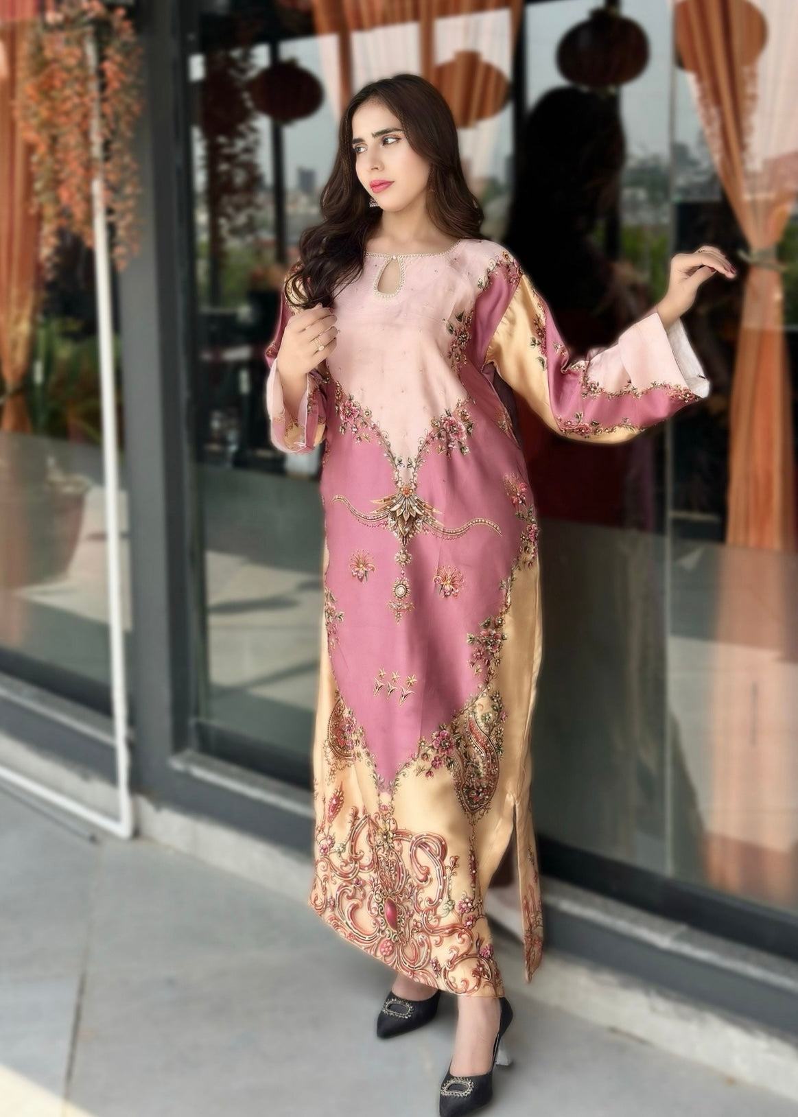 pk charmuse silk Kaftan in Mauve pink, champagne, blush