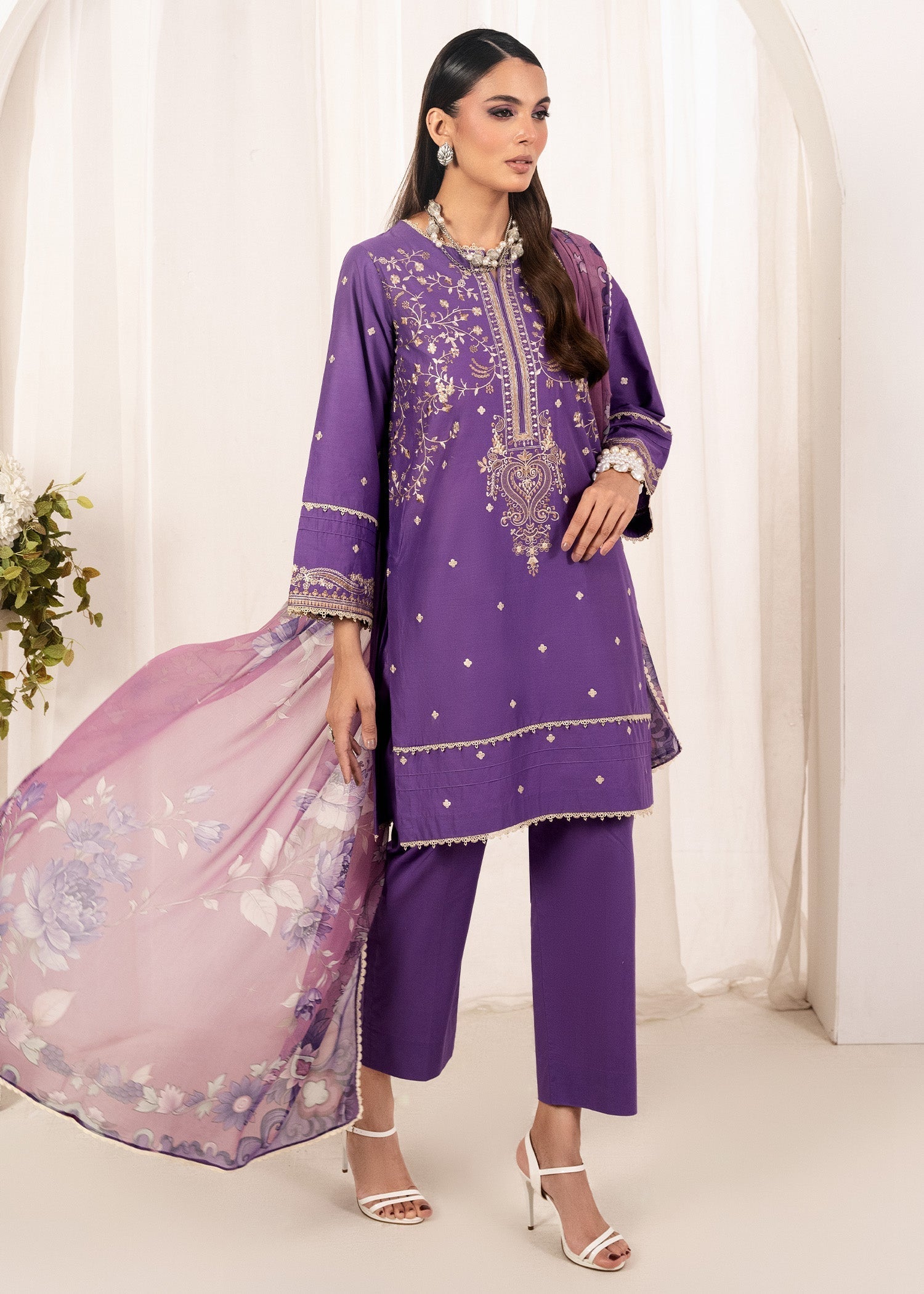 cambric cotton Kurta Set in Purple