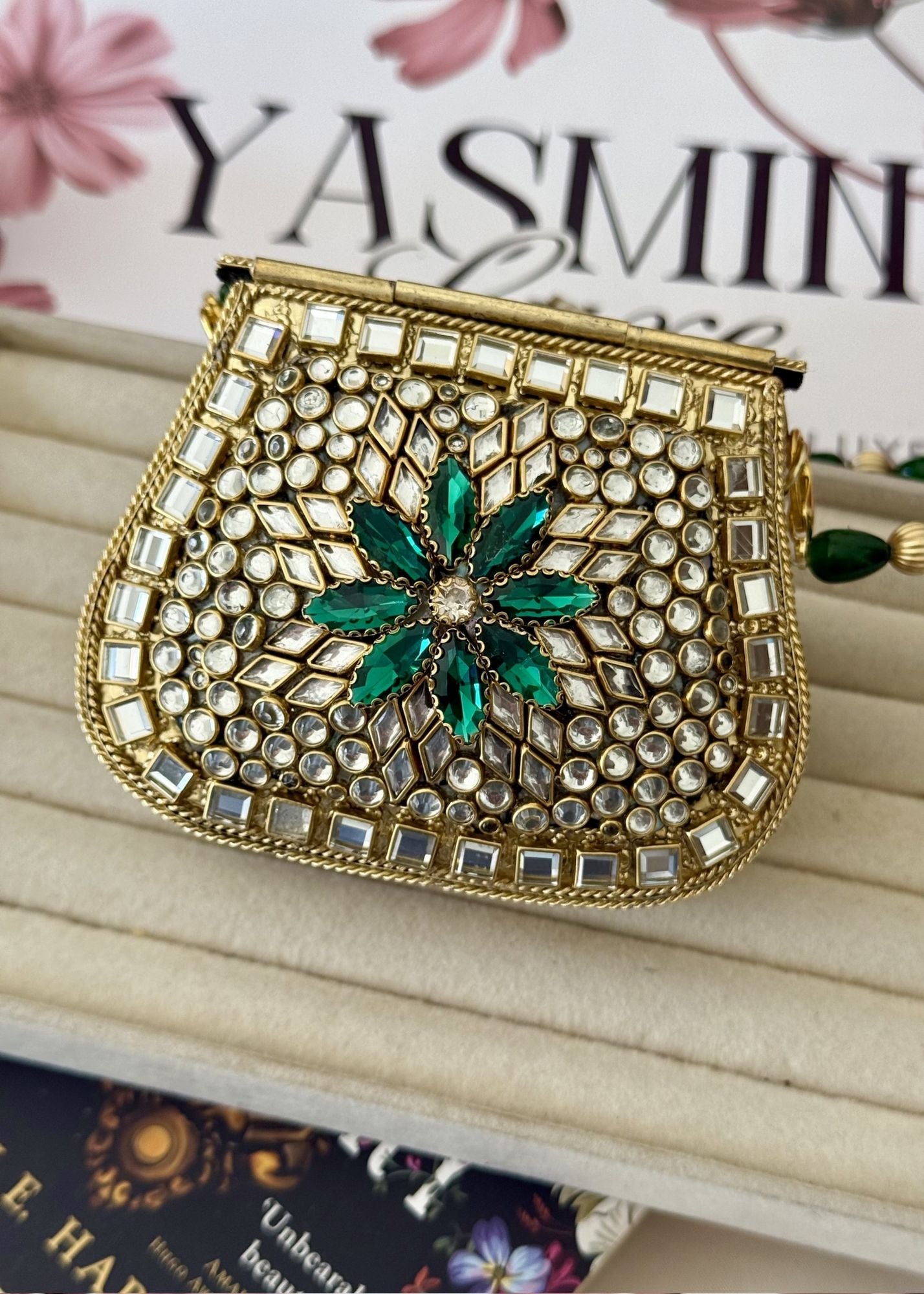 Clutch in Emerald green, gold Color by - Trendy Women Clutch JWJ0823