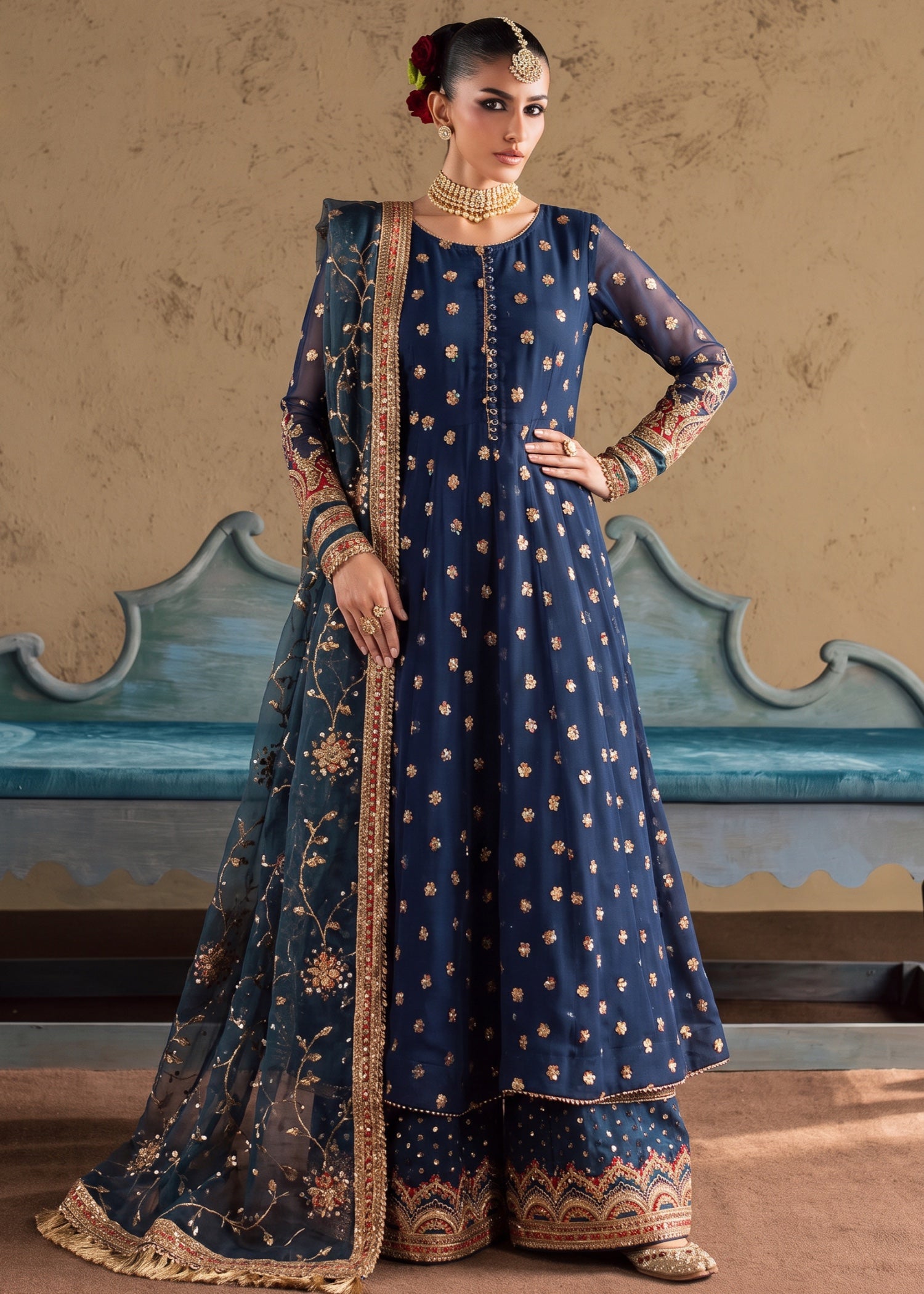chiffon Pishwas in Cobalt blue
