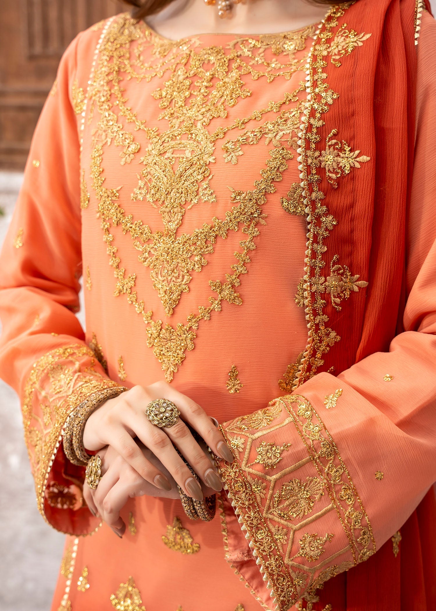 chiffon Kurta Set in Coral orange