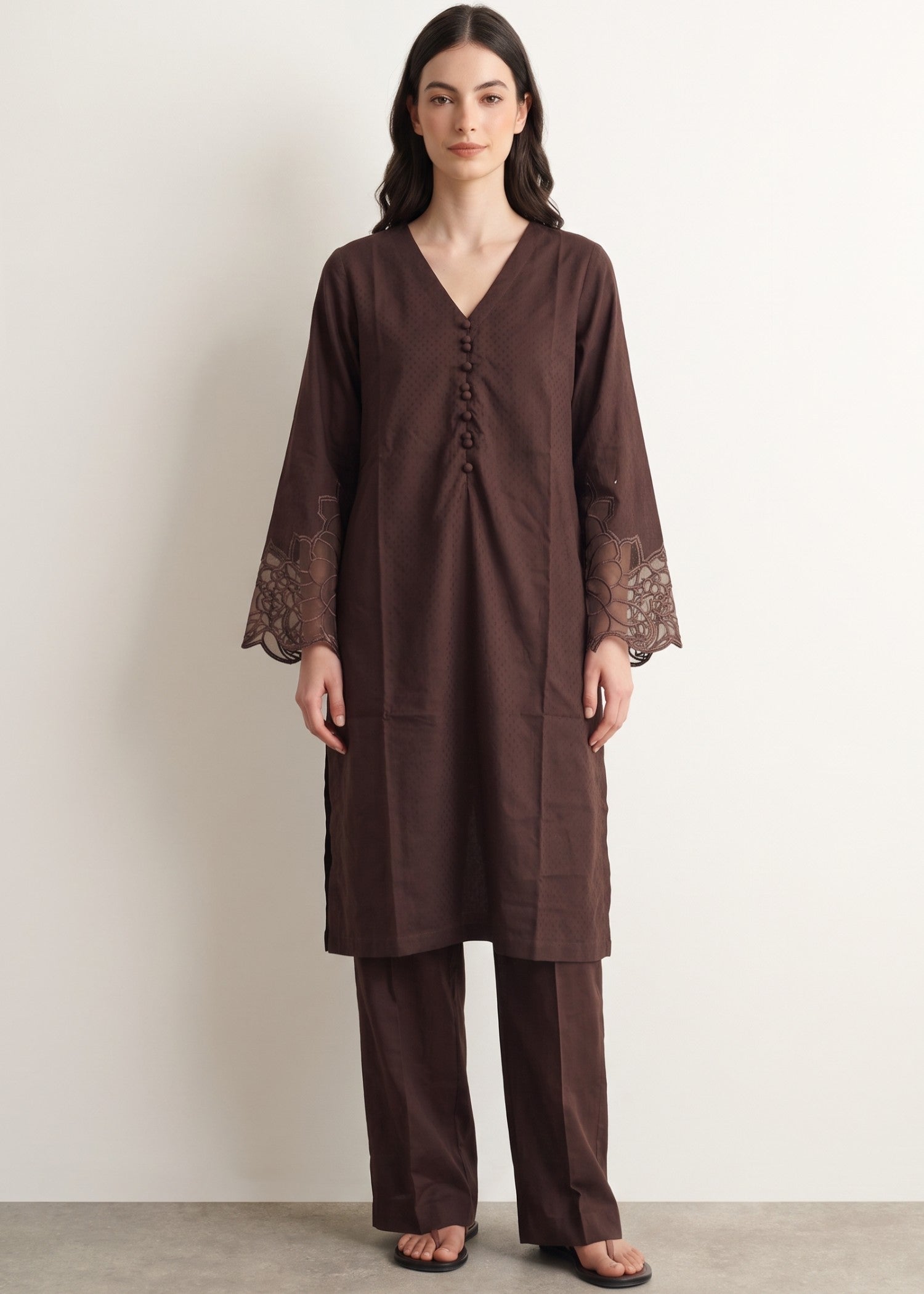 cotton jacquard Kurta Set in Chocolate brown