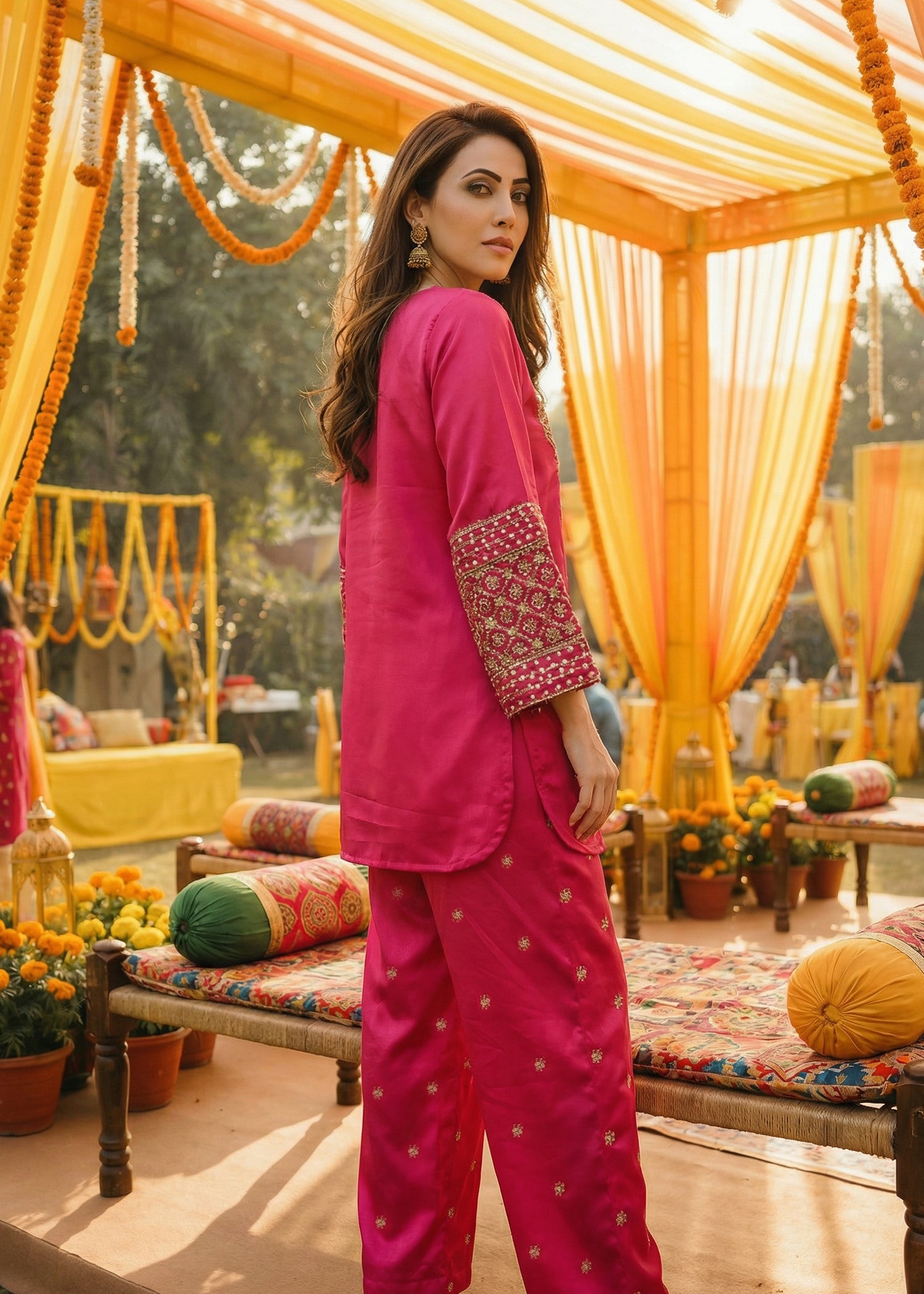 raw silk Kurta Set in Hot pink