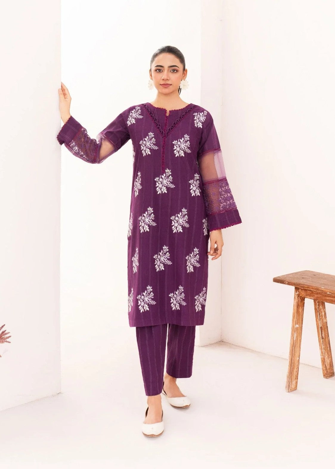 cambric Kurta Set in Purple