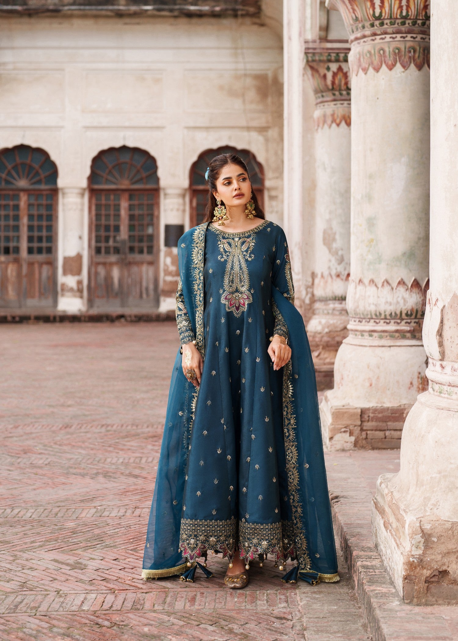kattan silk Anarkali in Teal