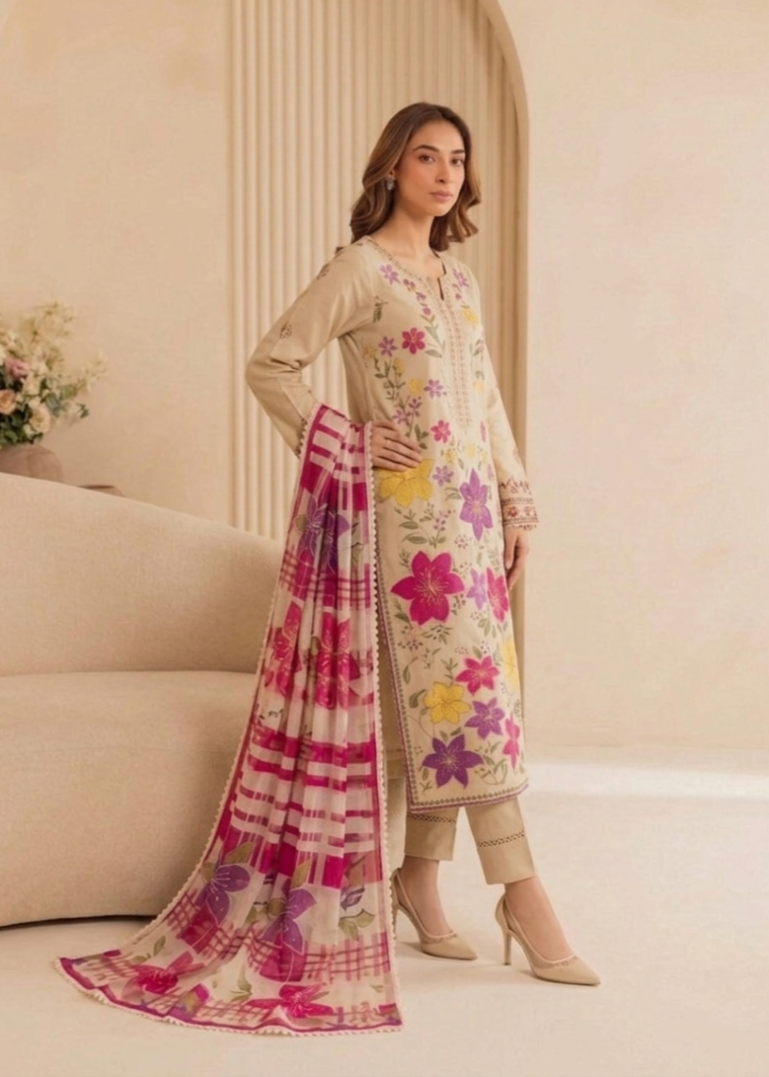 cotton linen Kurta Set in Beige