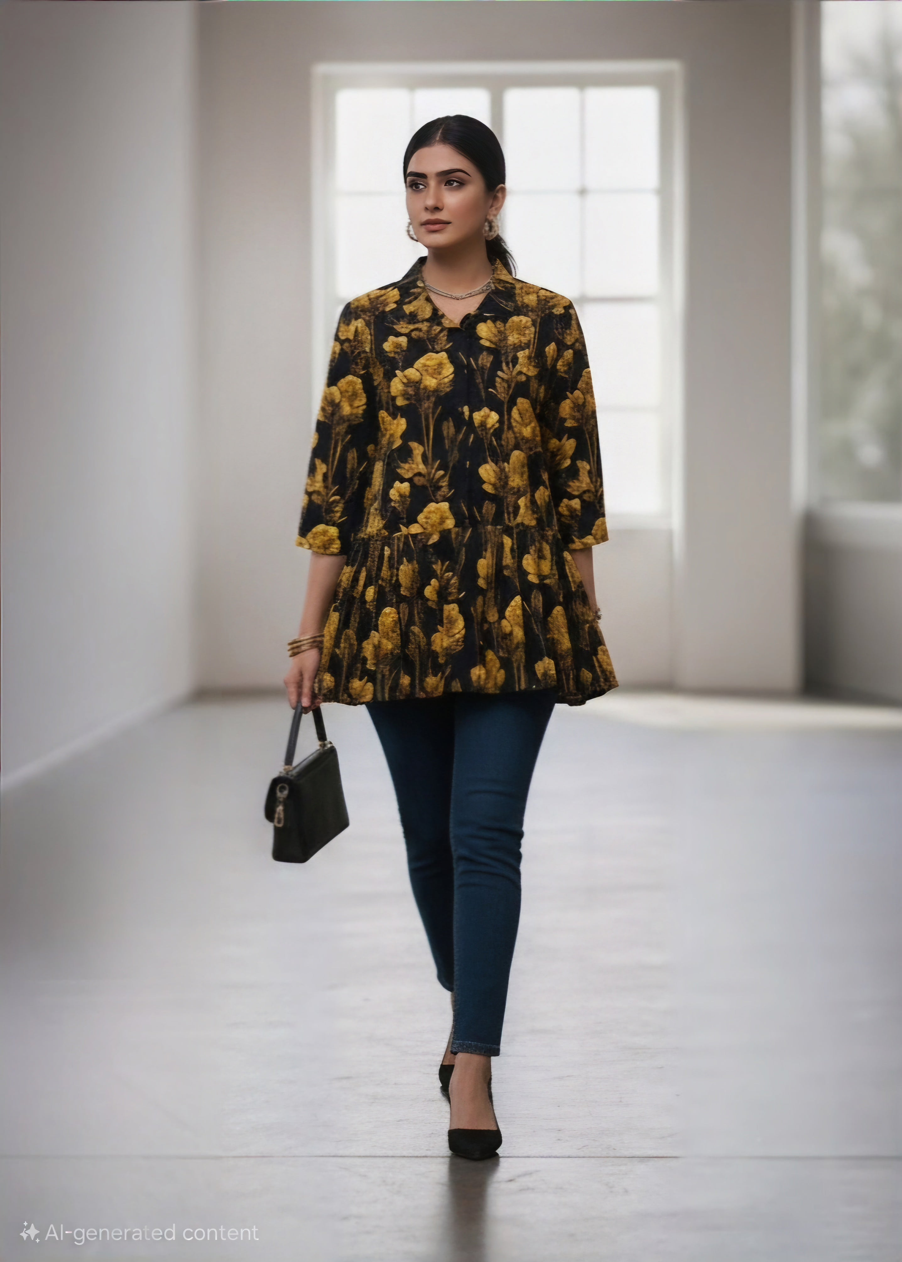 slub khaddar Top in Black, gold