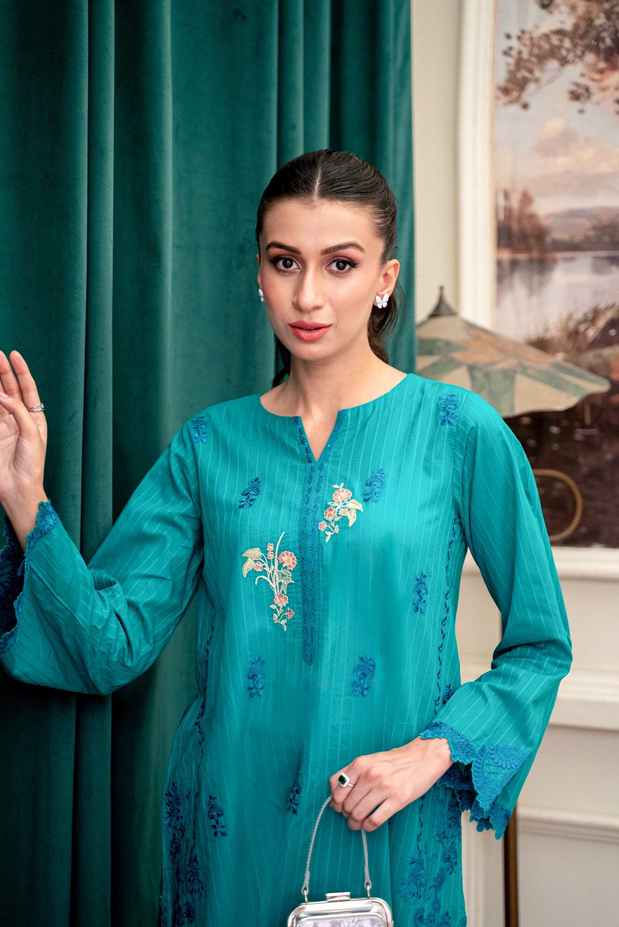 cambric Kurta Set in Teal