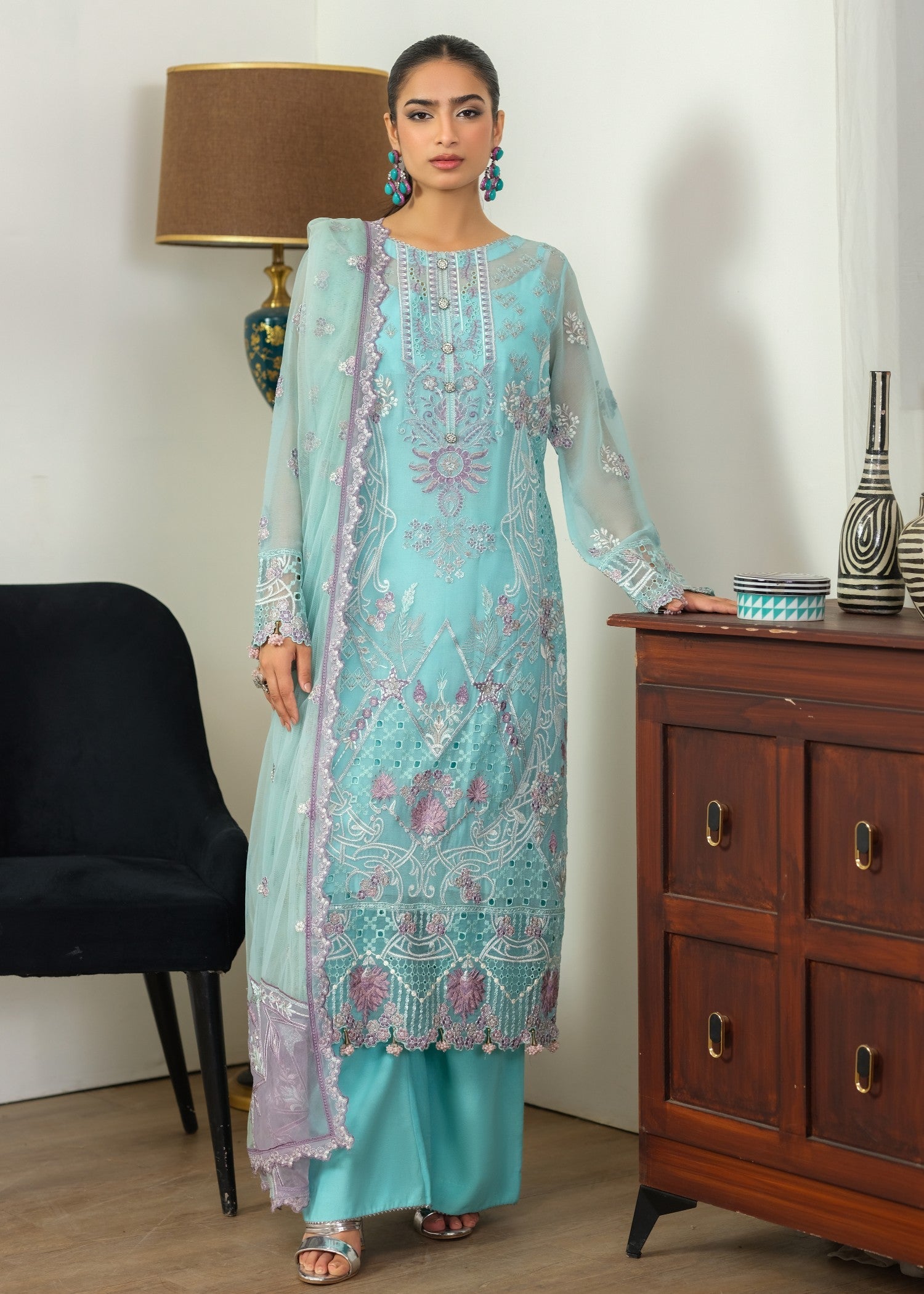 chiffon Kurta Set in Electric blue