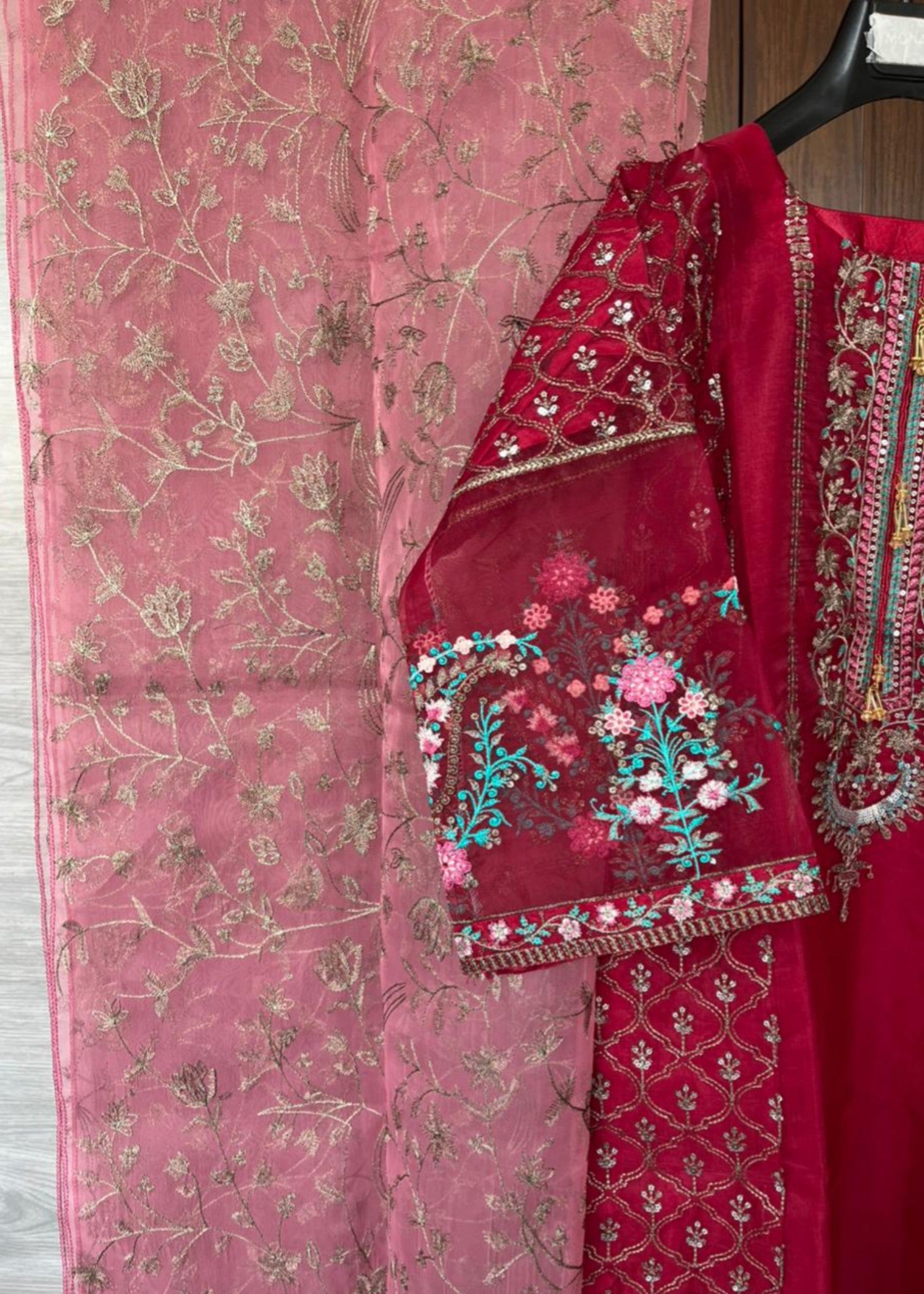 kattan silk Kurta Set in Hot pink red